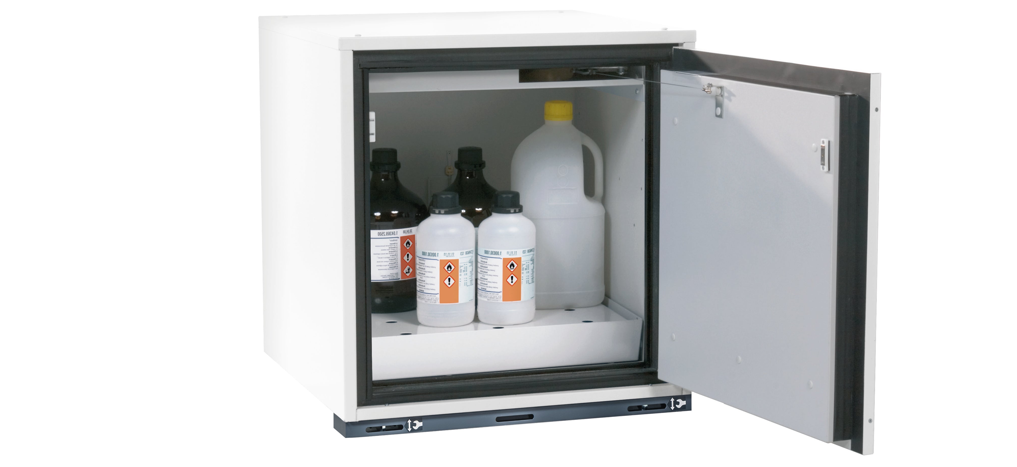 Type 90 safety base cabinet UB-T-90 model UB90.060.059.050.TR in laboratory white (similar to RAL 9016) with 1x perforated sheet insert standard (sheet steel)