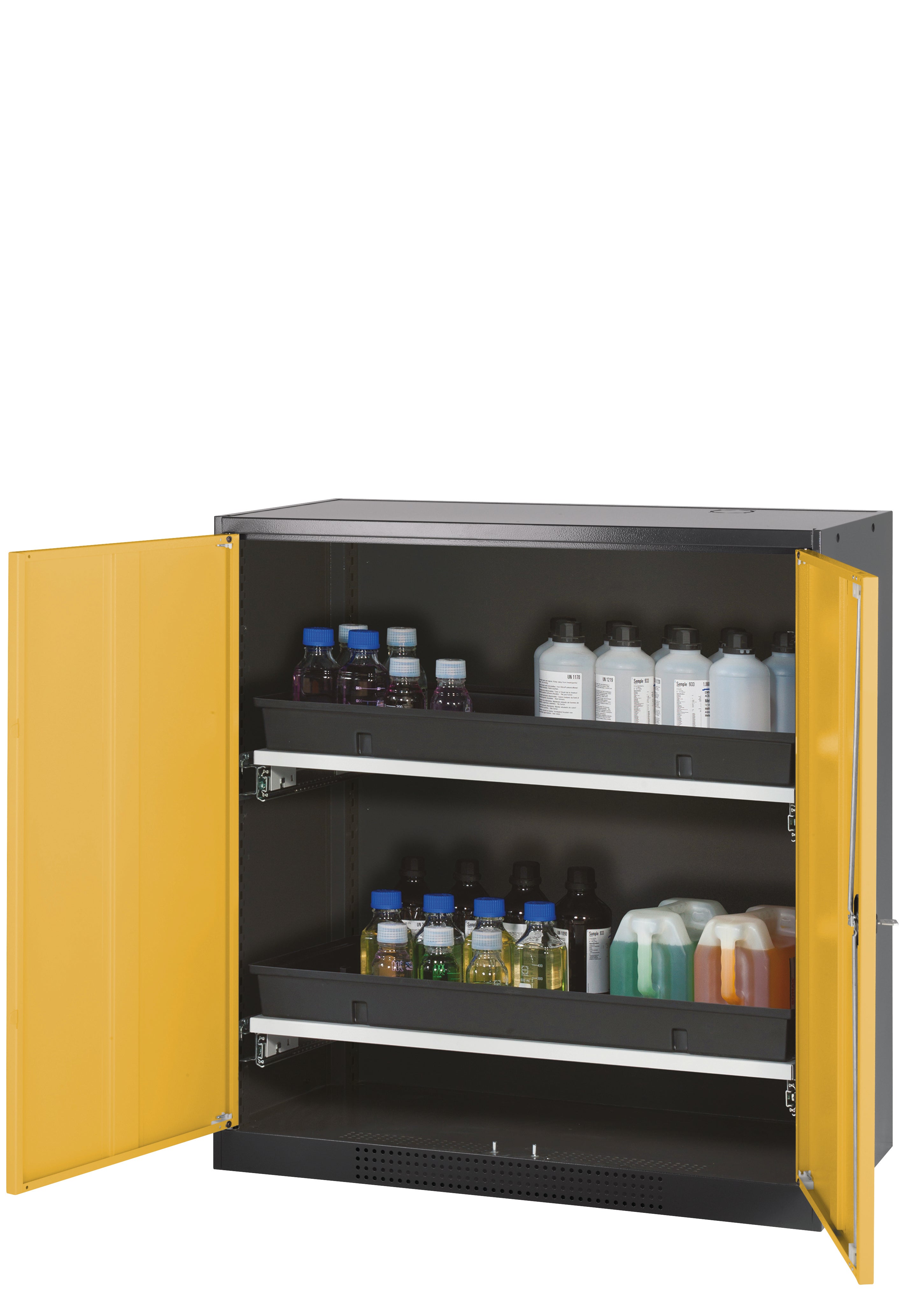 Chemical cabinet CS-CLASSIC model CS.110.105 in safety yellow RAL 1004 with 2x AbZ pull-out shelves (sheet steel/polypropylene)