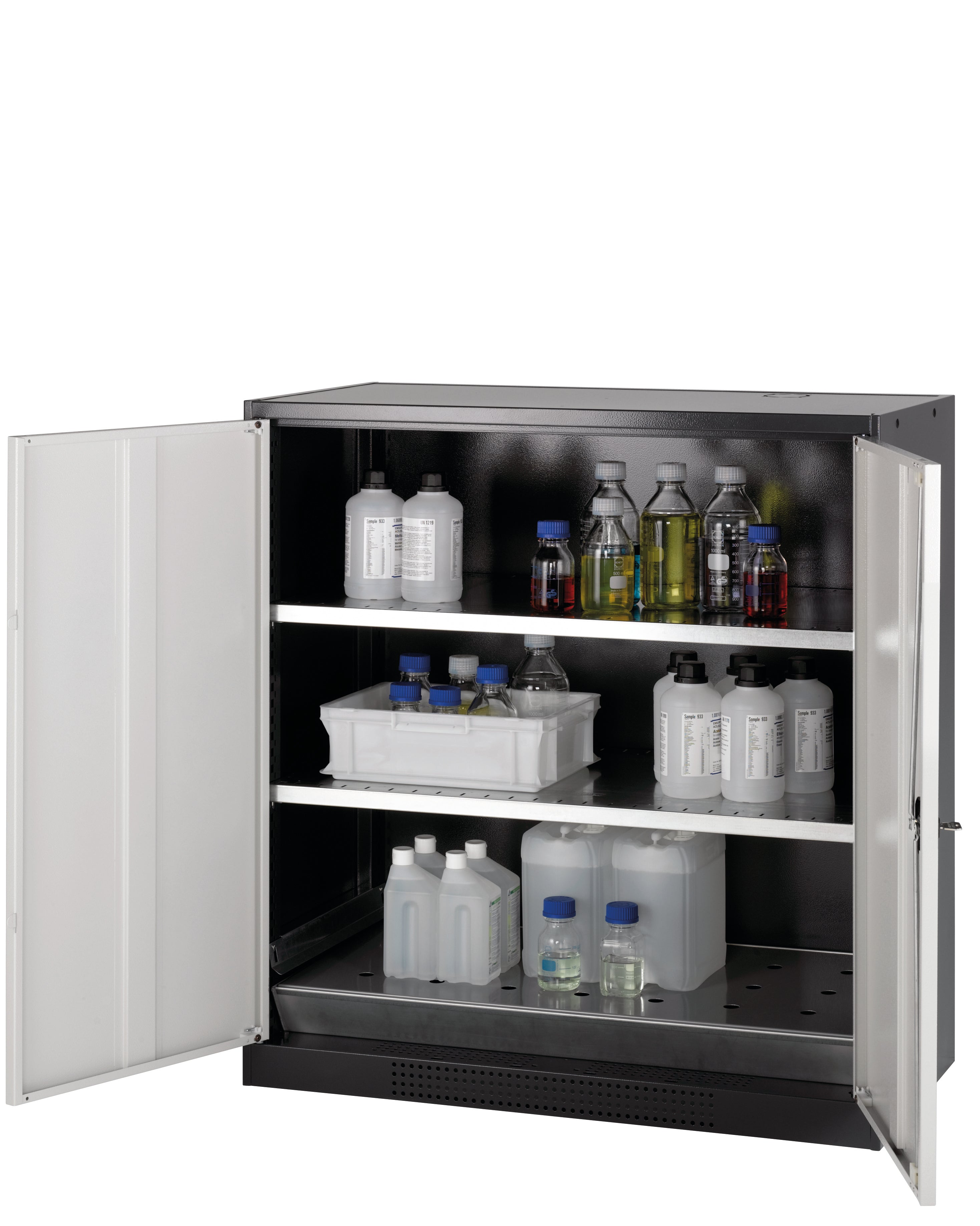 Chemical cabinet CS-CLASSIC model CS.110.105 in light gray RAL 7035 with 2x standard shelves (sheet steel)