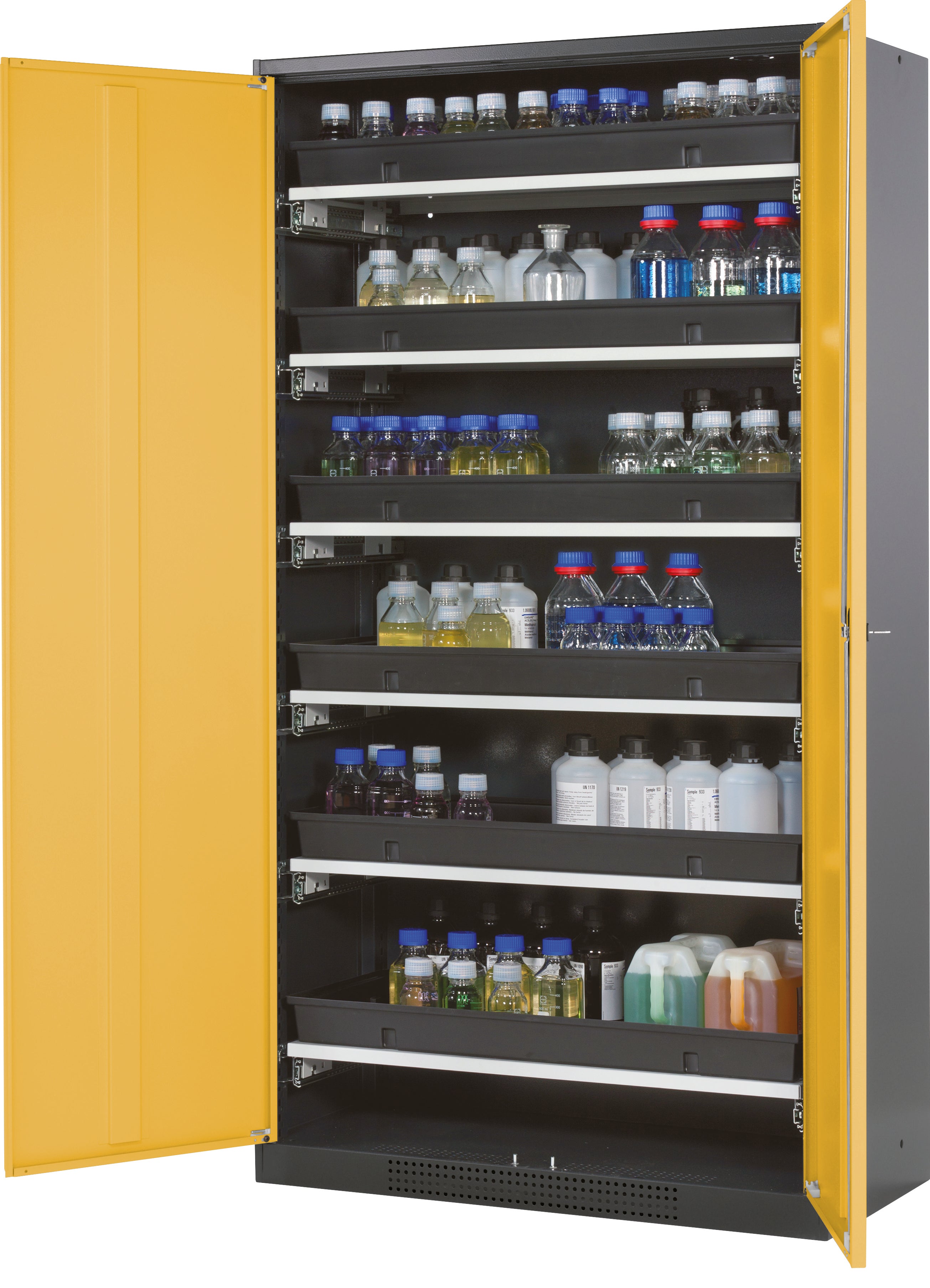 Chemical cabinet CS-CLASSIC model CS.195.105 in safety yellow RAL 1004 with 6x AbZ pull-out shelves (sheet steel/polypropylene)