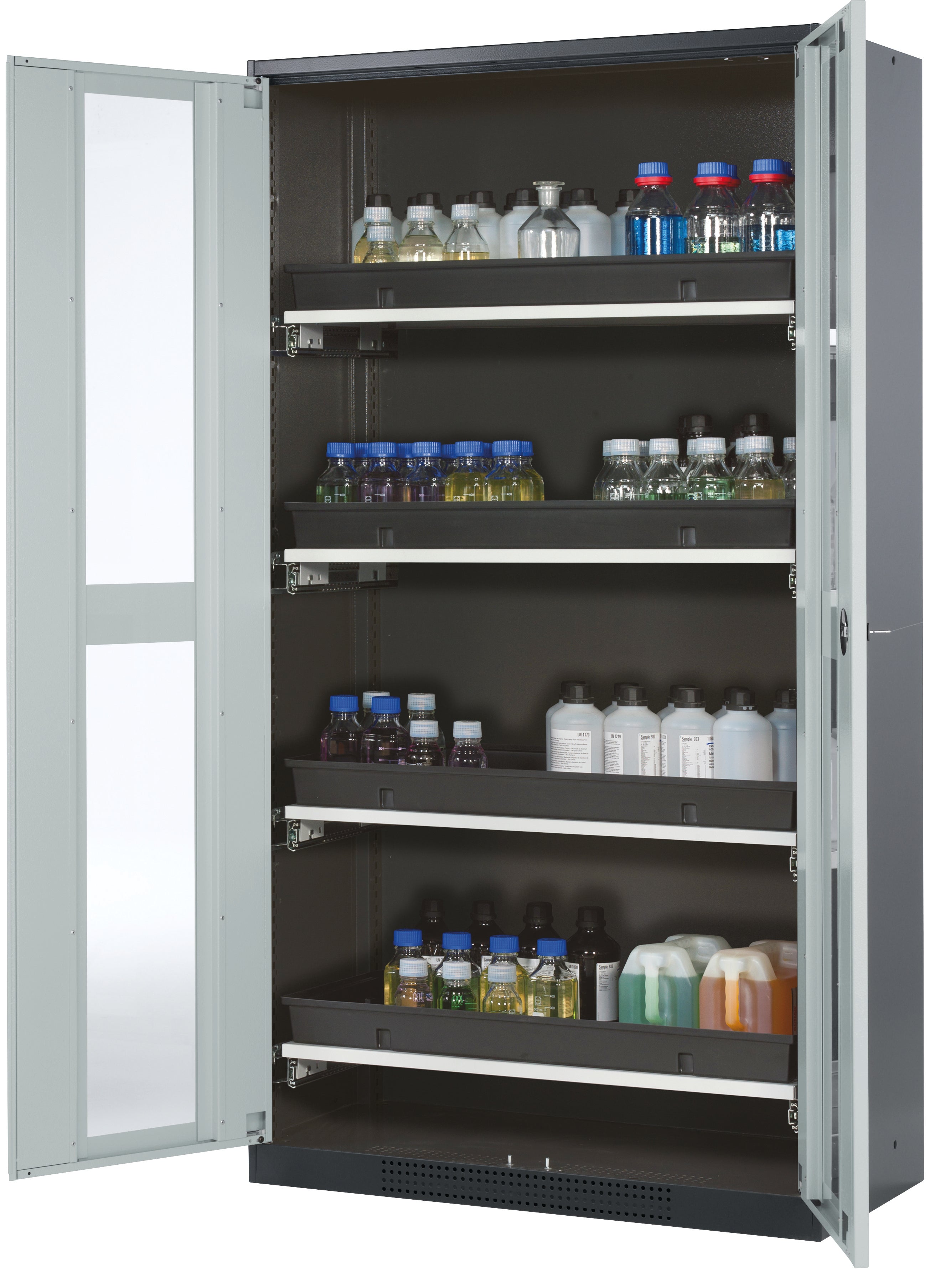 Chemical cabinet CS-CLASSIC-G model CS.195.105.WDFW in light gray RAL 7035 with 4x AbZ pull-out shelves (sheet steel/polypropylene)