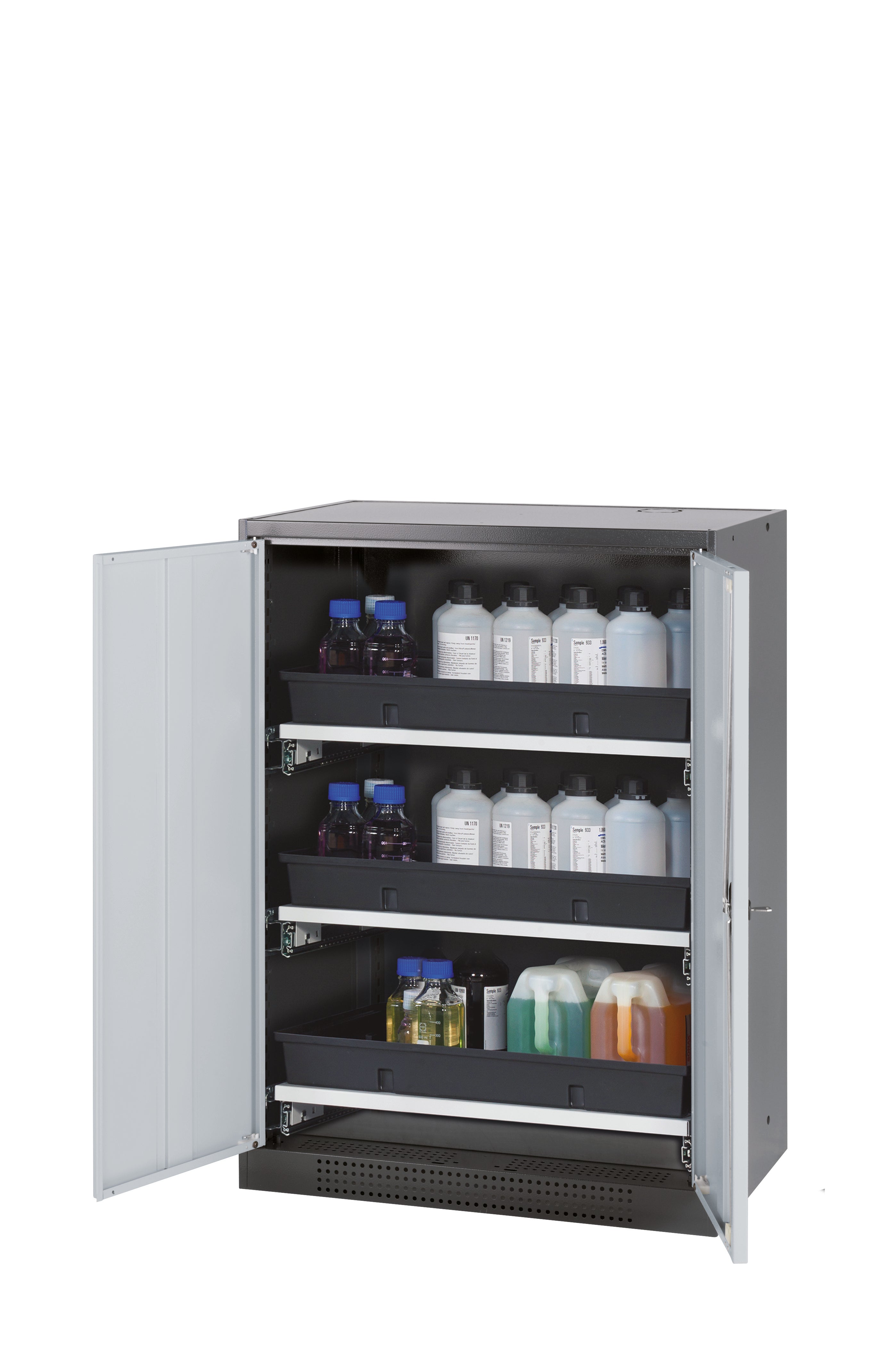 Chemical cabinet CS-CLASSIC model CS.110.081 in light gray RAL 7035 with 3x AbZ pull-out shelves (sheet steel/polypropylene)