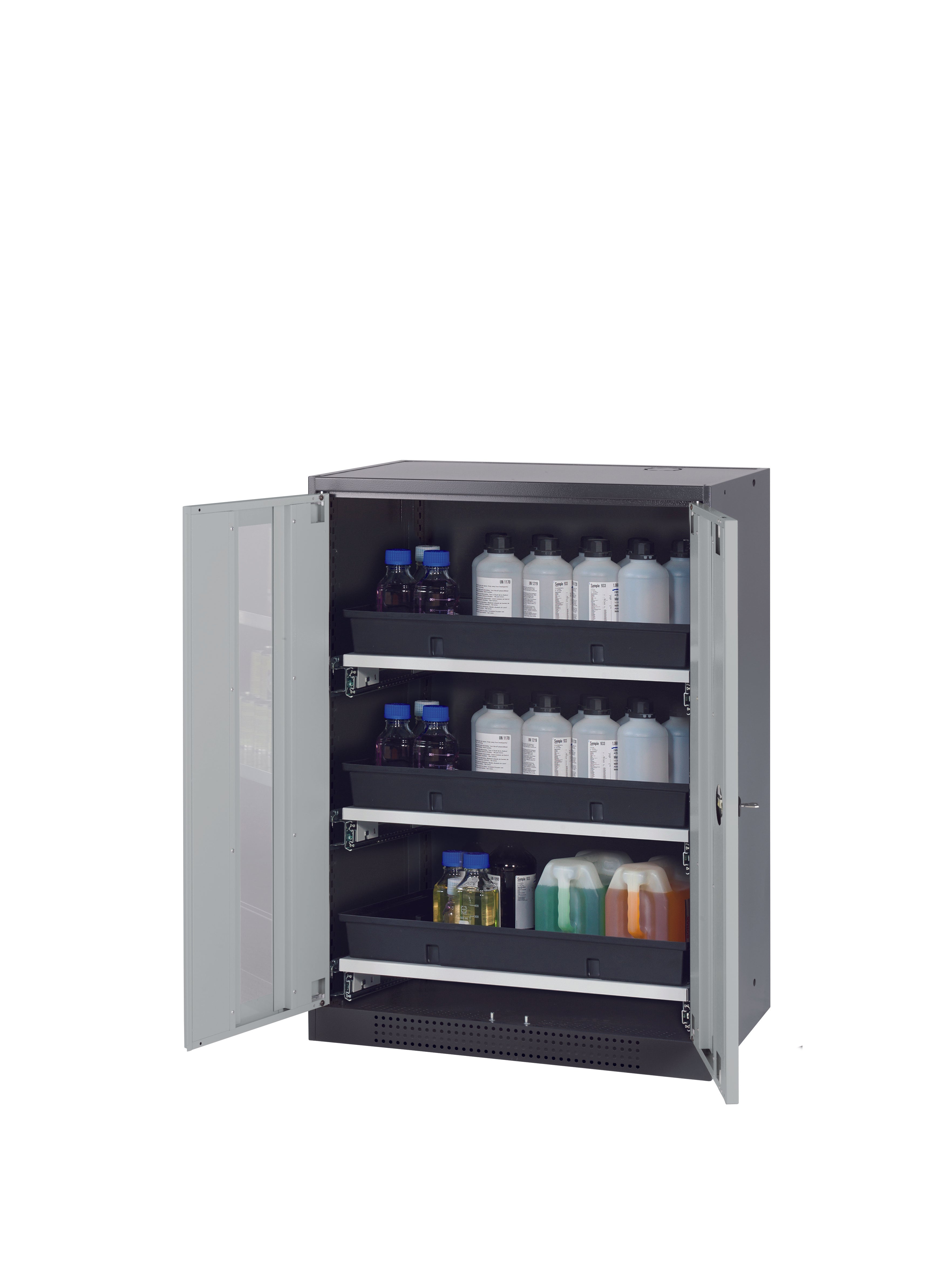 Chemical cabinet CS-CLASSIC-G model CS.110.081.WDFW in light gray RAL 7035 with 3x AbZ pull-out shelves (sheet steel/polypropylene)