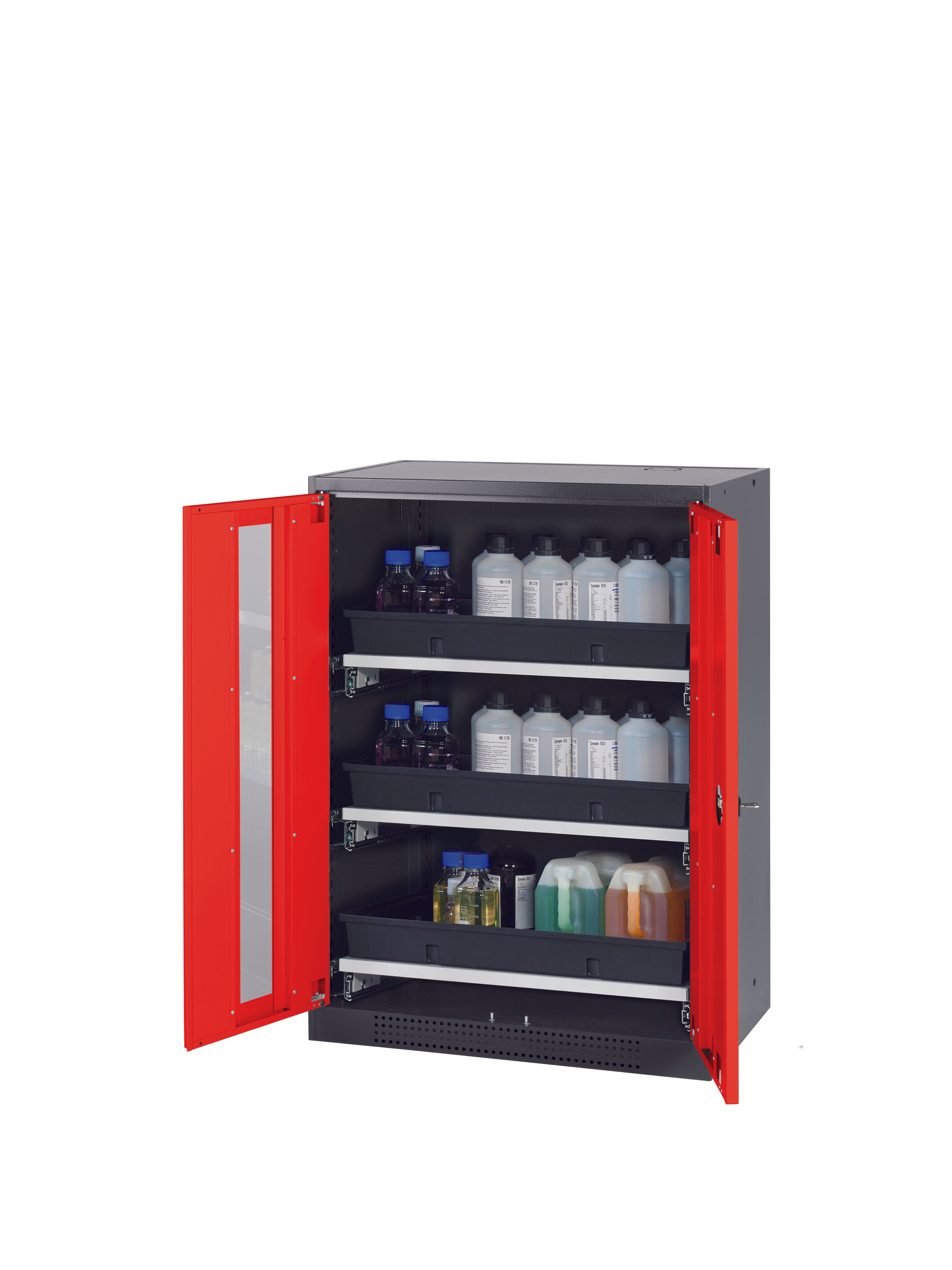 Chemical cabinet CS-CLASSIC-G model CS.110.081.WDFW in traffic red RAL 3020 with 3x AbZ pull-out shelves (sheet steel/polypropylene)