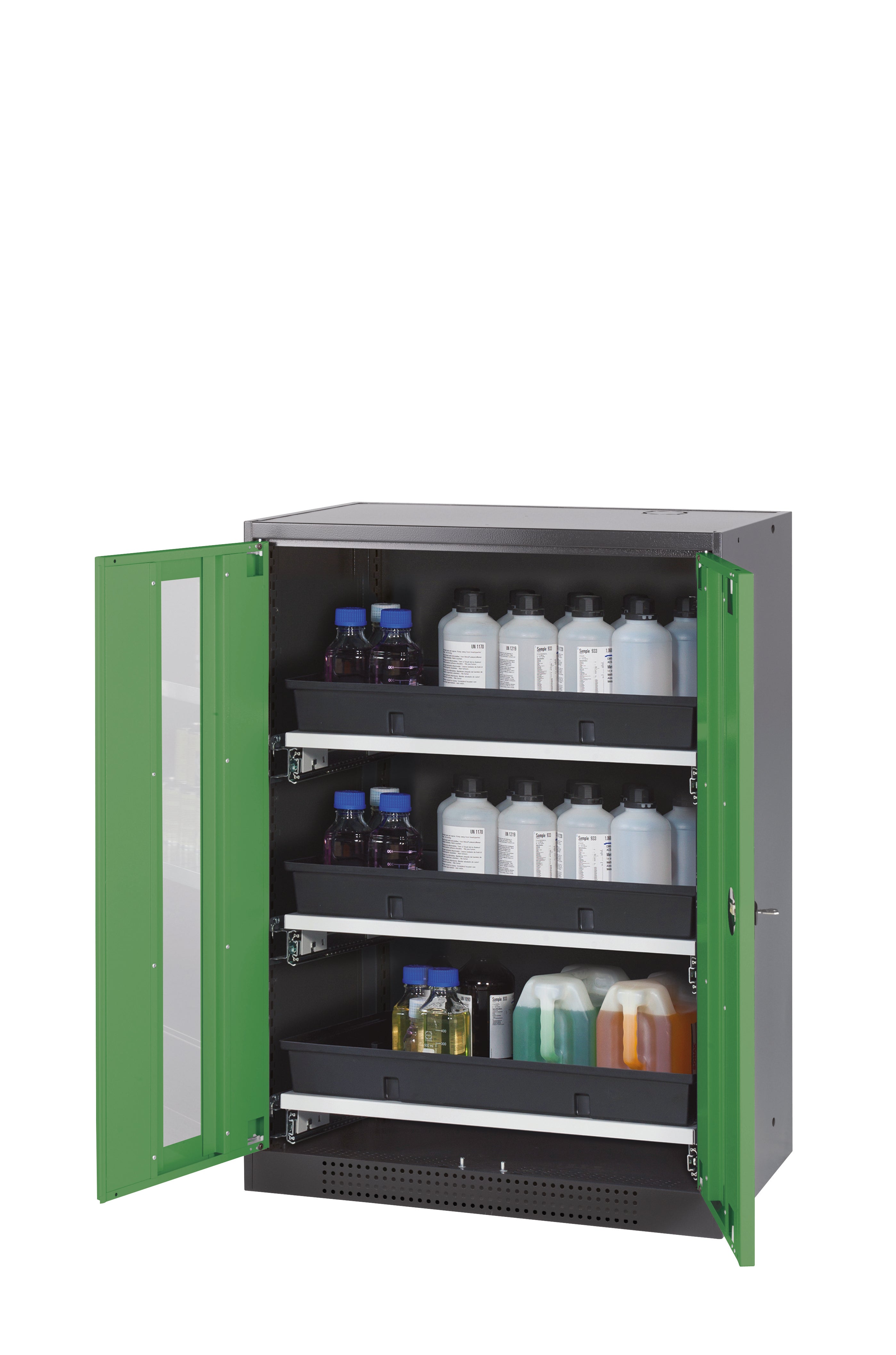 Chemical cabinet CS-CLASSIC-G model CS.110.081.WDFW in reseda green RAL 6011 with 3x AbZ shelf pull-outs (sheet steel/polypropylene)