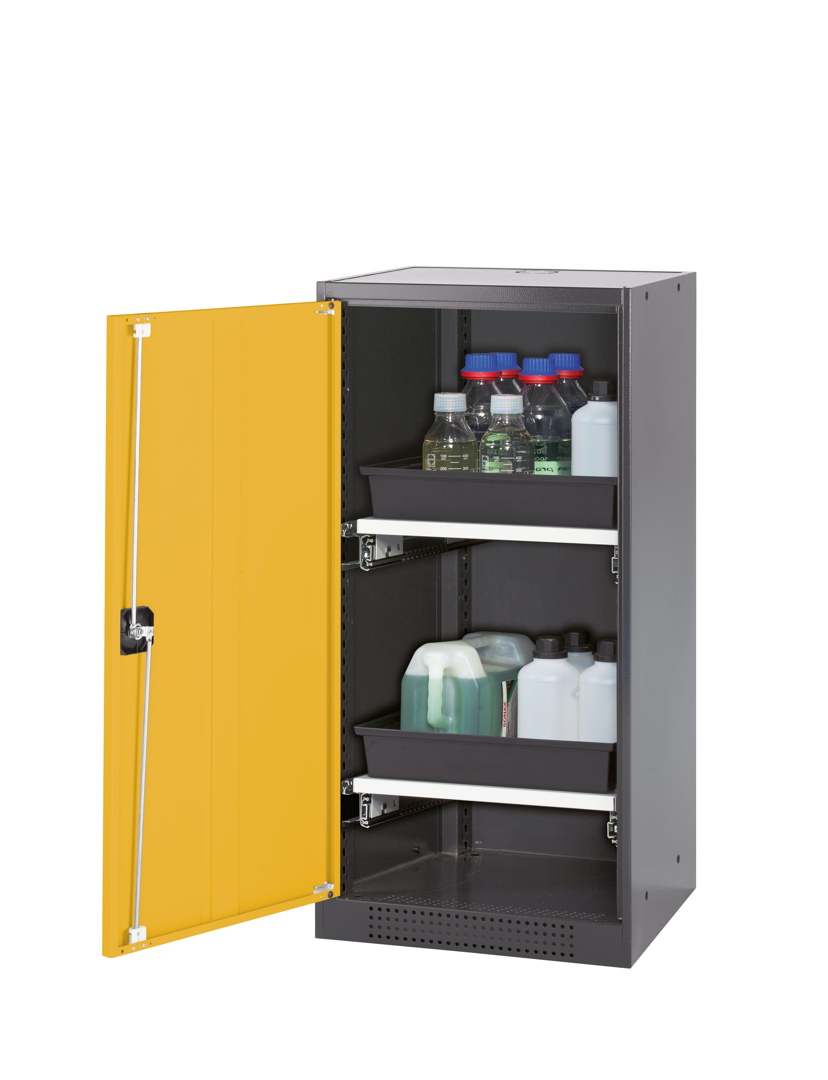 Chemical cabinet CS-CLASSIC model CS.110.054 in safety yellow RAL 1004 with 2x AbZ pull-out shelves (sheet steel/polypropylene)