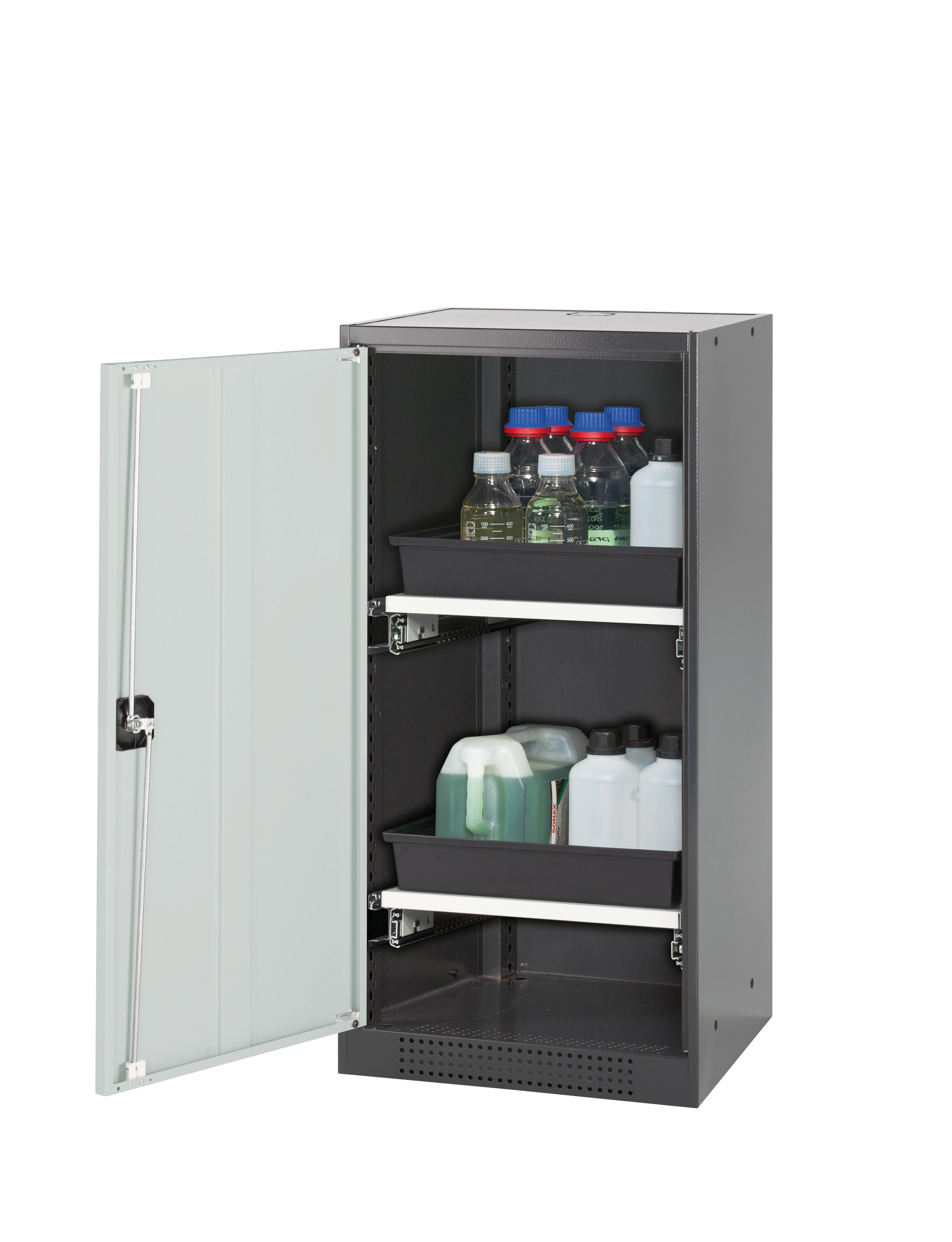 Chemical cabinet CS-CLASSIC model CS.110.054 in light gray RAL 7035 with 2x AbZ pull-out shelves (sheet steel/polypropylene)