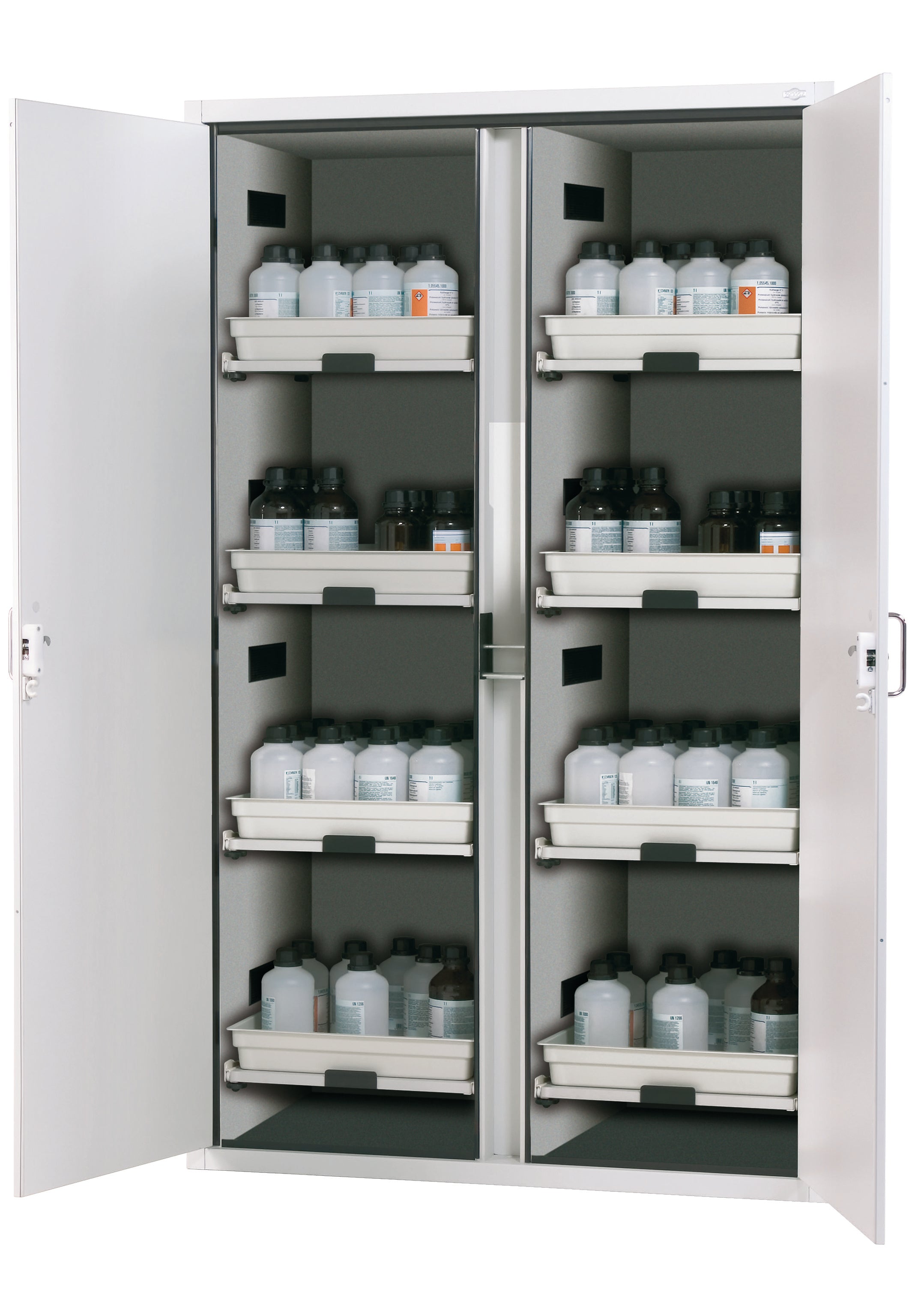 Acid and alkaline cabinet SL-CLASSIC model SL.196.120.MV in light gray RAL 7035 with 8x AbZ pull-out shelves (FP plate/polypropylene)