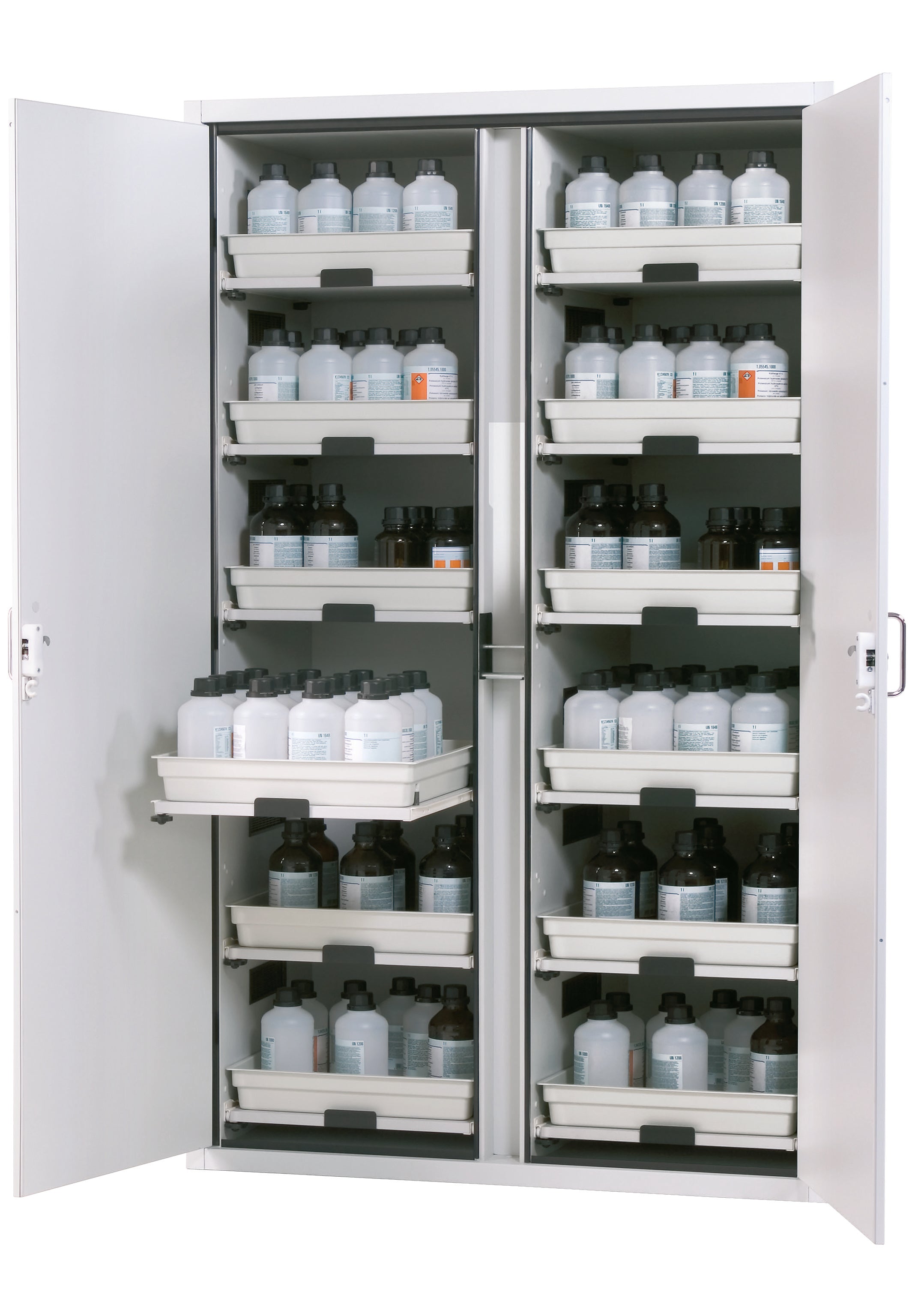 Acid and alkaline cabinet SL-CLASSIC model SL.196.120.MV in light gray RAL 7035 with 12x AbZ pull-out shelves (FP plate/polypropylene)