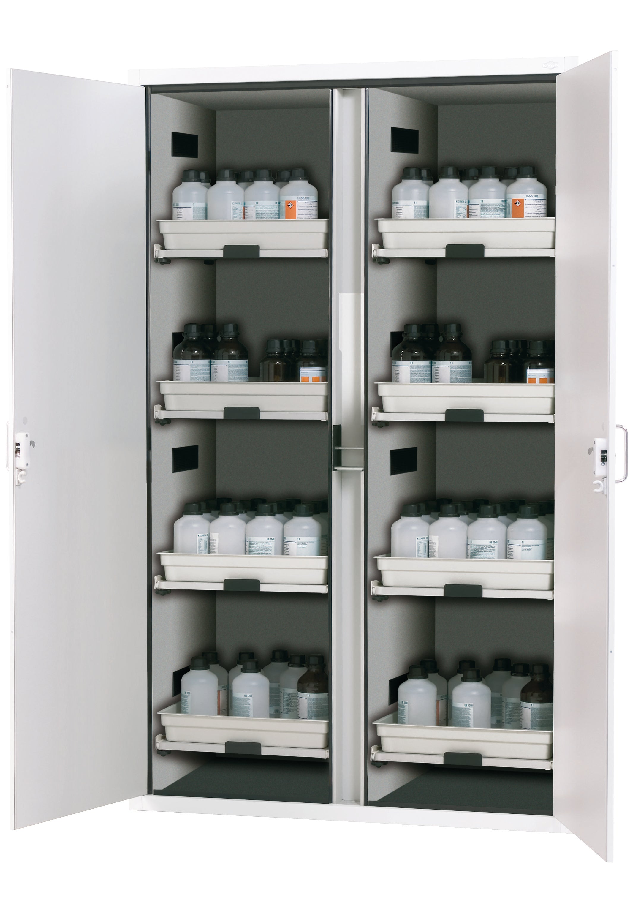Acid and alkaline cabinet SL-CLASSIC model SL.196.120.MV in laboratory white (similar to RAL 9016) with 8x AbZ pull-out shelves (FP plate/polypropylene)