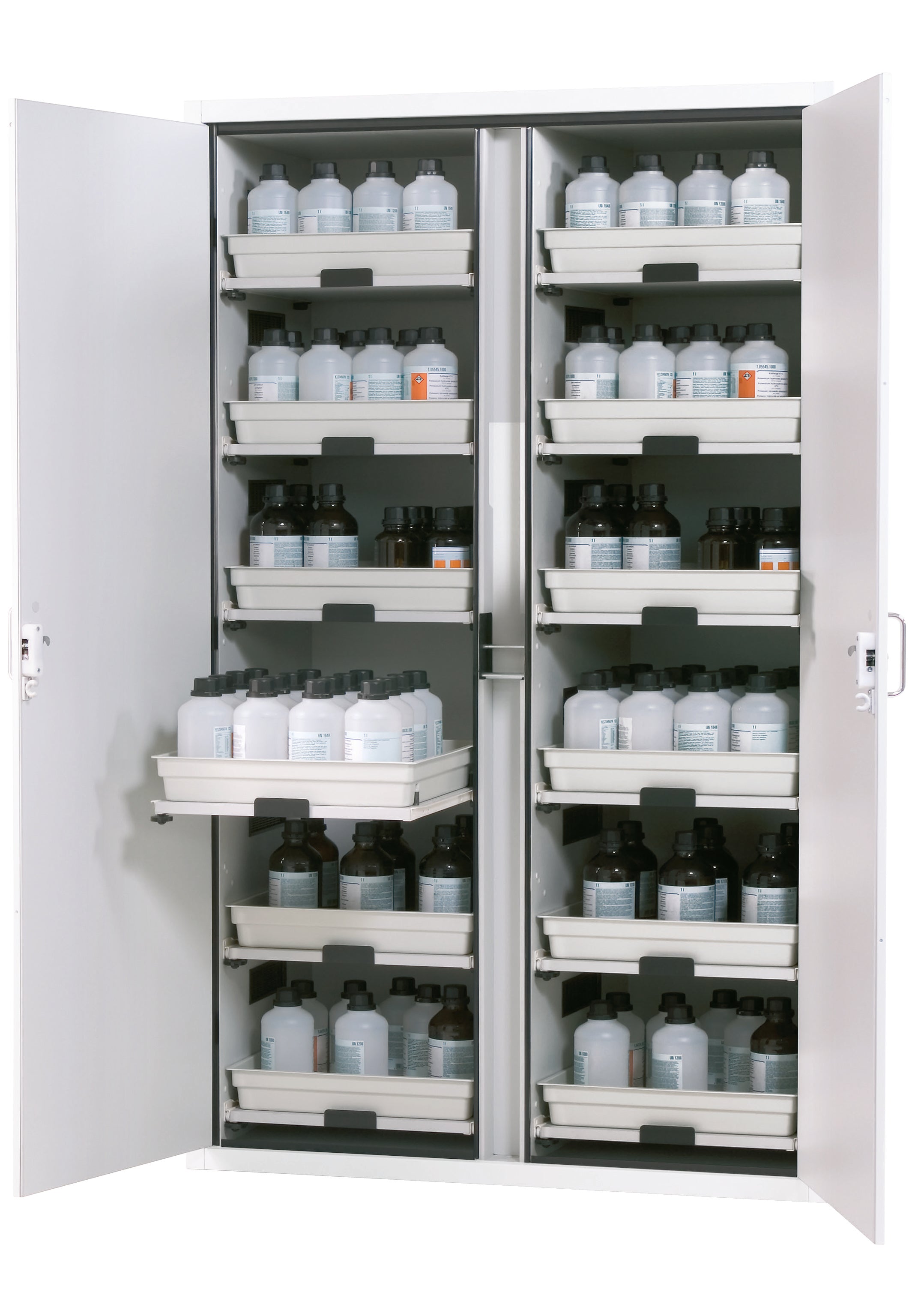 Acid and alkaline cabinet SL-CLASSIC model SL.196.120.MV in laboratory white (similar to RAL 9016) with 12x AbZ shelf pull-outs (FP plate/polypropylene)
