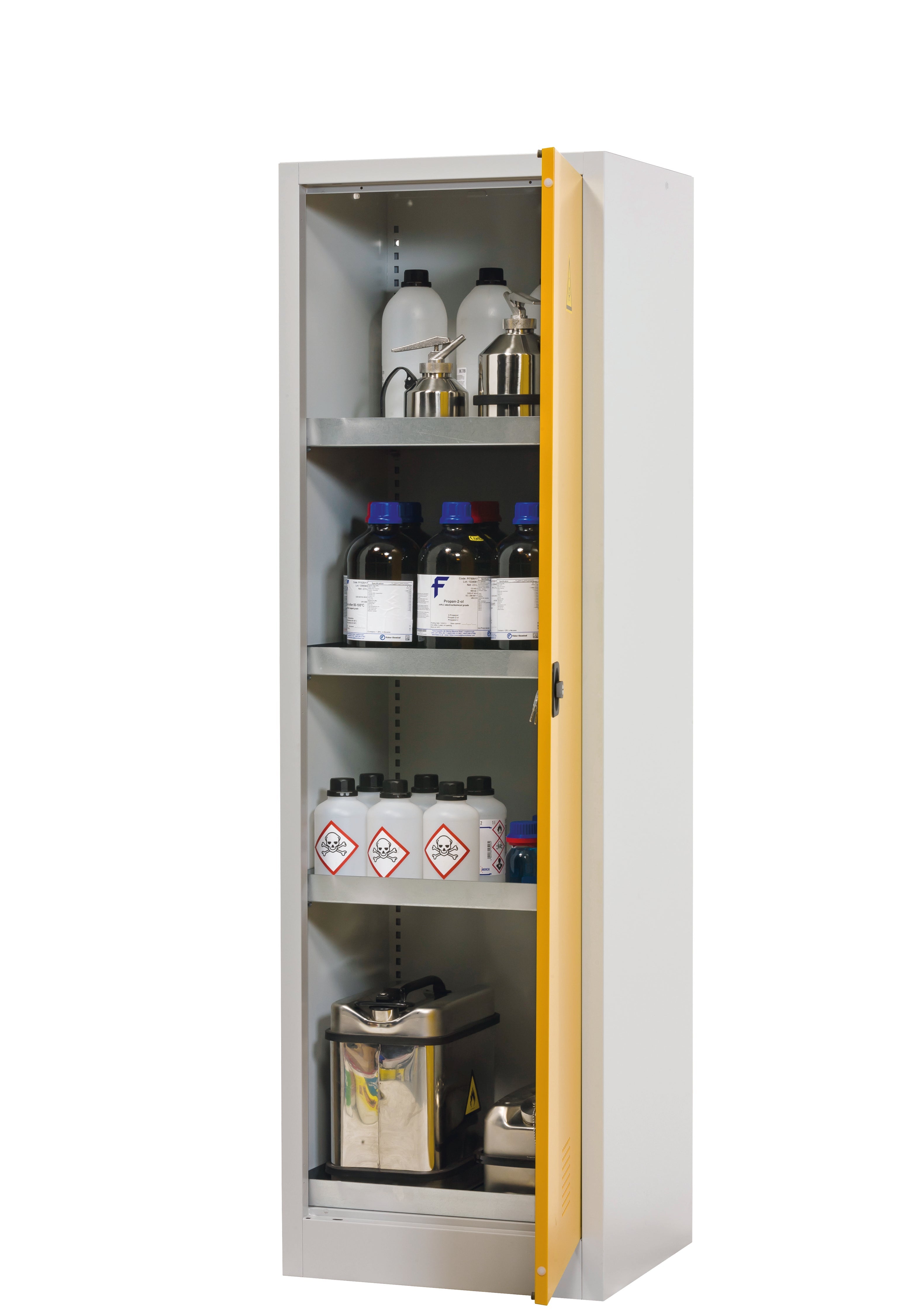 cabinet for chemicals CF-CLASSIC model CF.195.060.R:0004 in warning yellow RAL 1004 with 4x tray shelf (standard) (sheet steel), sheet steel powder-coated smooth