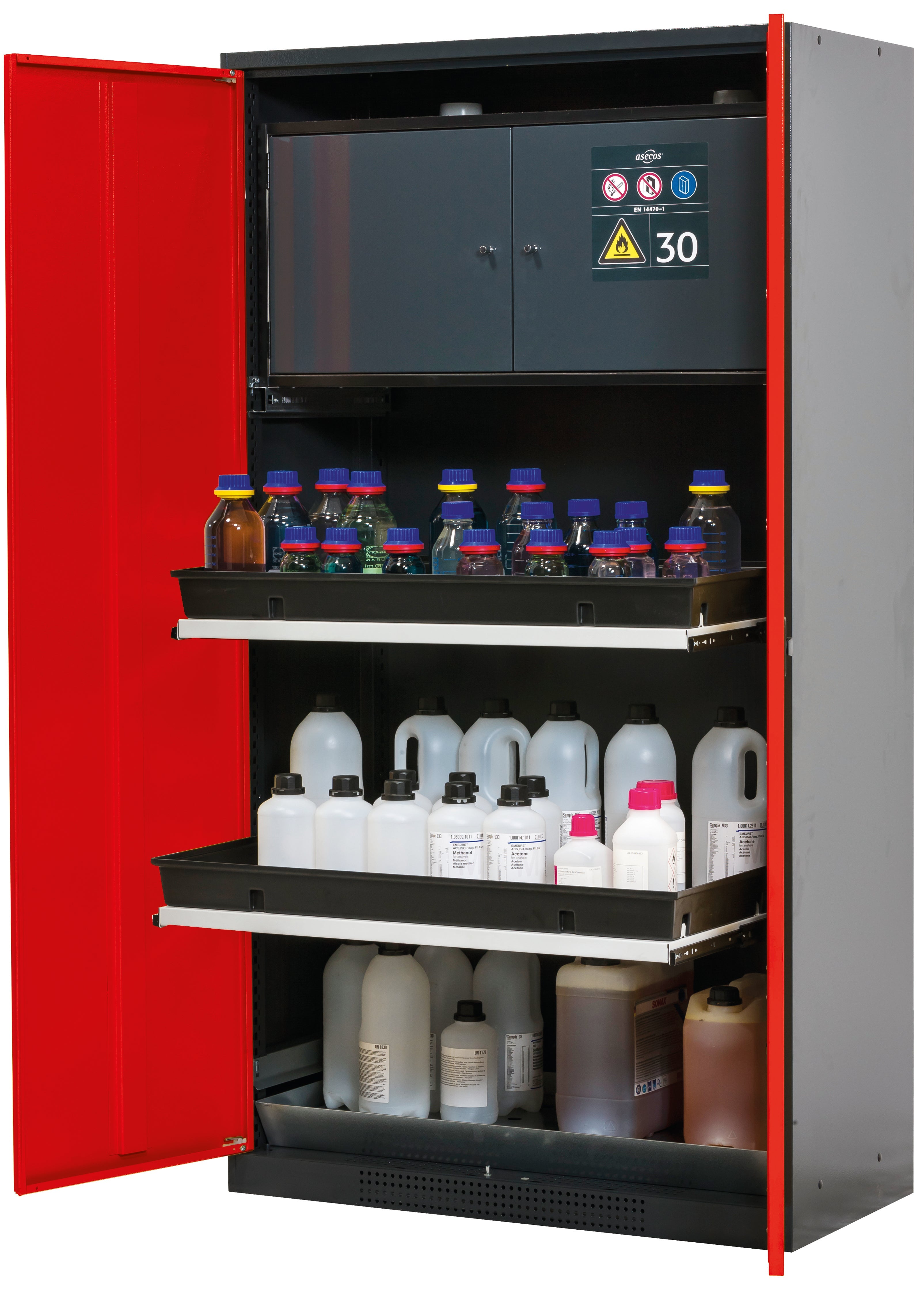 Chemical cabinet with type 30 safety box CS-CLASSIC-F model CS.195.105.F in traffic red RAL 3020 with 3x shelf pull-out AbZ (sheet steel/polypropylene)