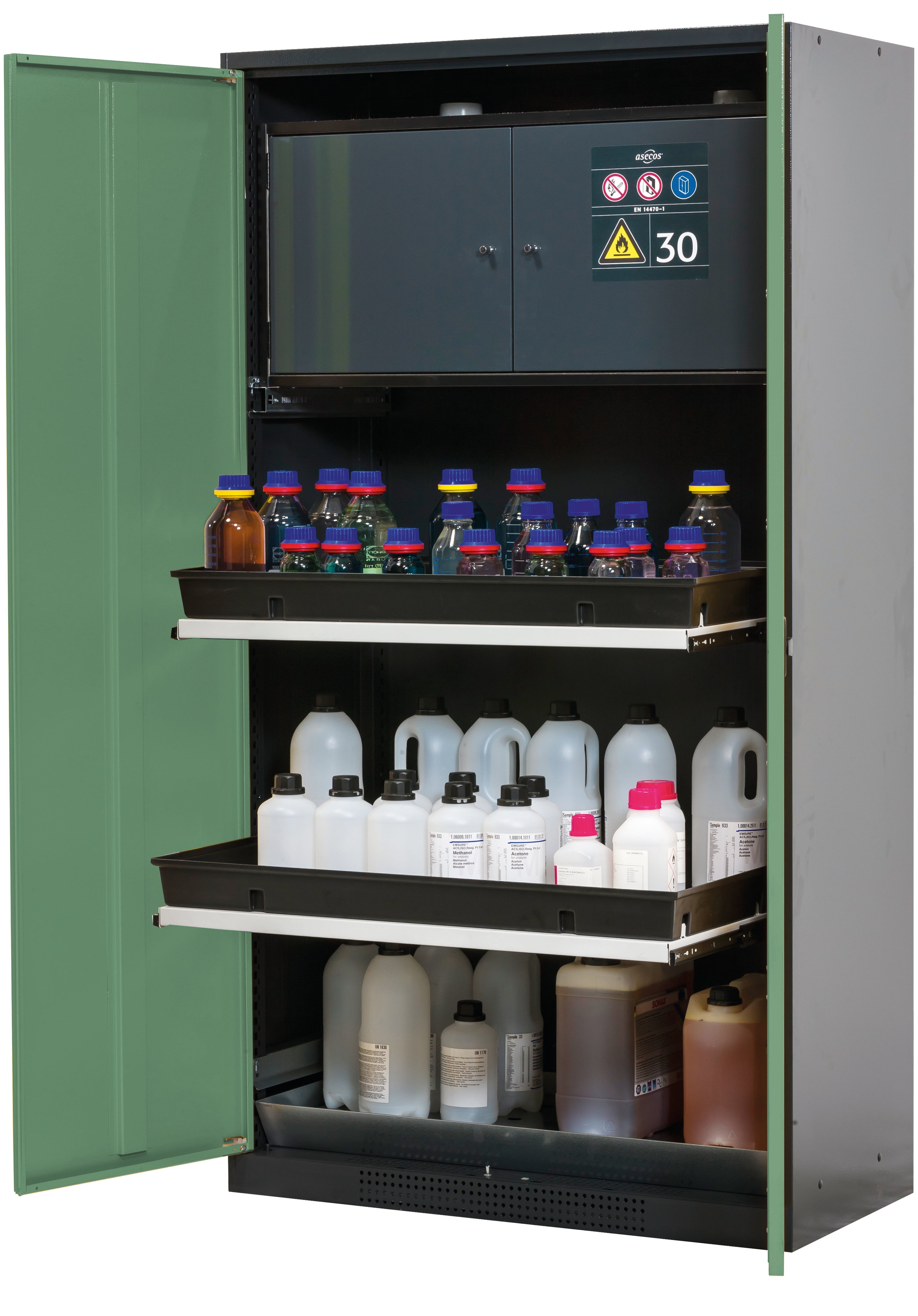 Chemical cabinet with type 30 safety box CS-CLASSIC-F model CS.195.105.F in reseda green RAL 6011 with 3x AbZ shelf pull-out (sheet steel/polypropylene)