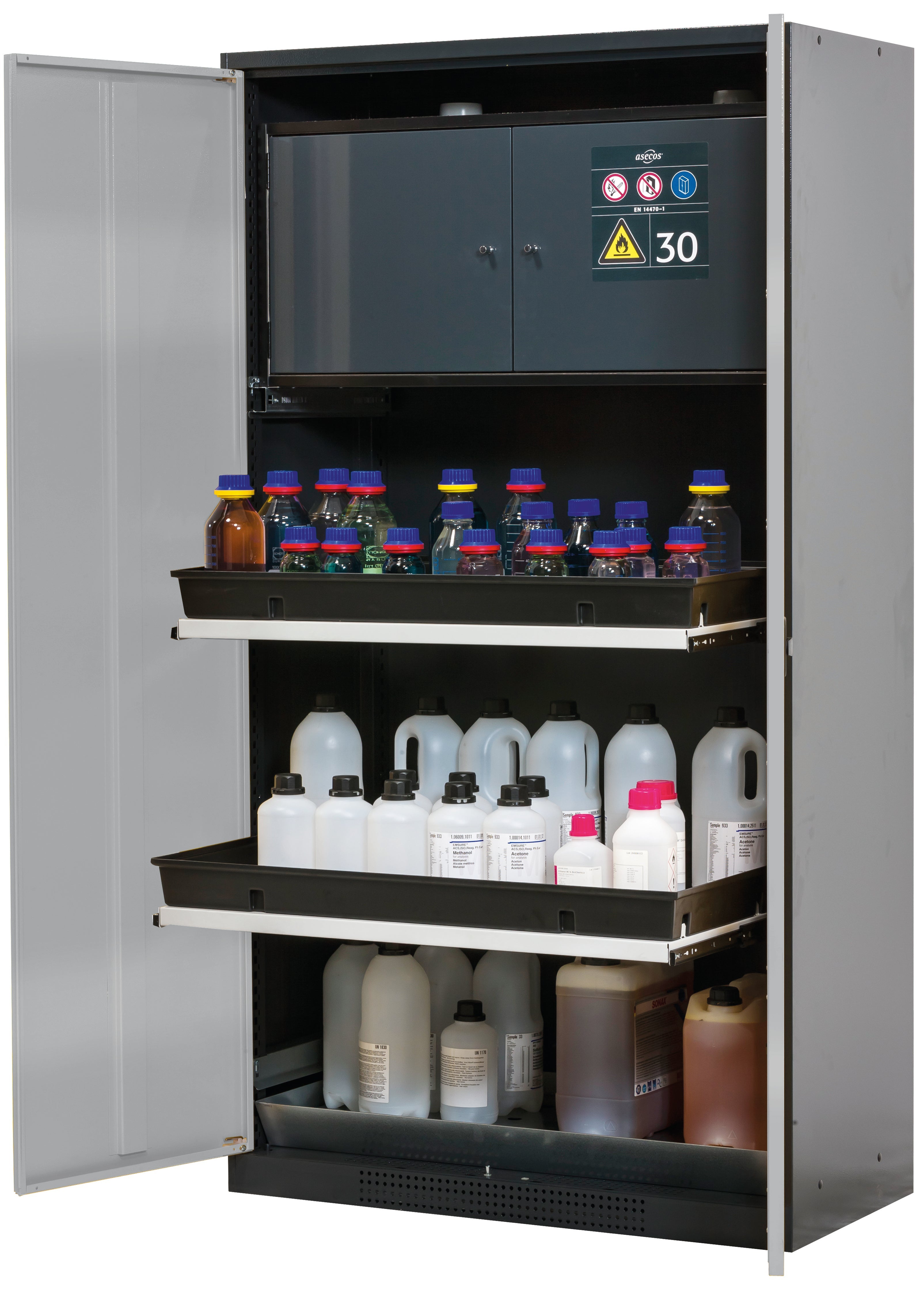 Chemical cabinet with type 30 safety box CS-CLASSIC-F model CS.195.105.F in asecos silver with 3x shelf pull-out AbZ (sheet steel/polypropylene)