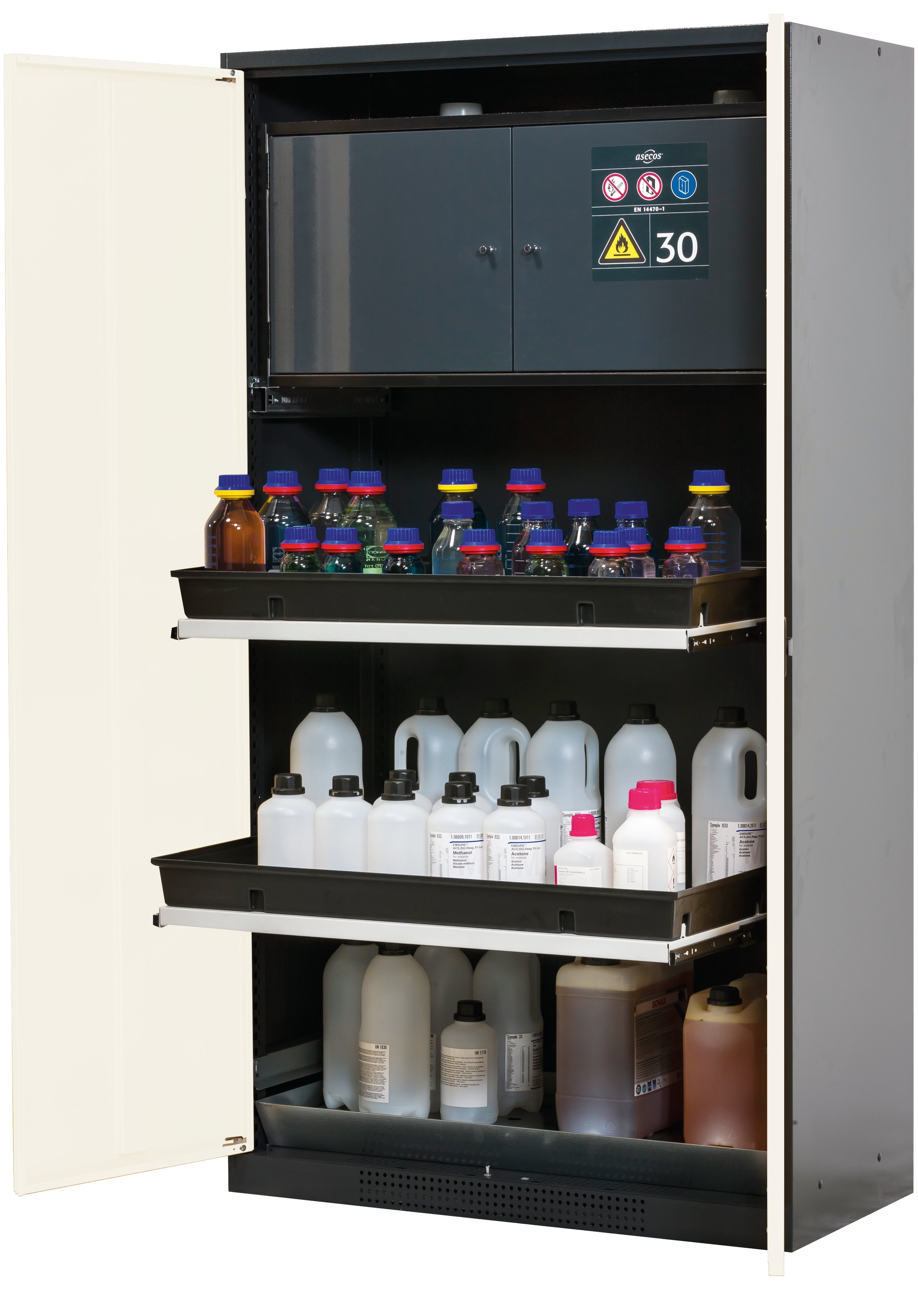 Chemikalienschrank mit Typ-30-Sicherheitsbox CS-CLASSIC-F Modell CS.195.105.F in reinweiss RAL 9010 mit 3x Tablarauszug AbZ (Stahlblech/Polypropylen)