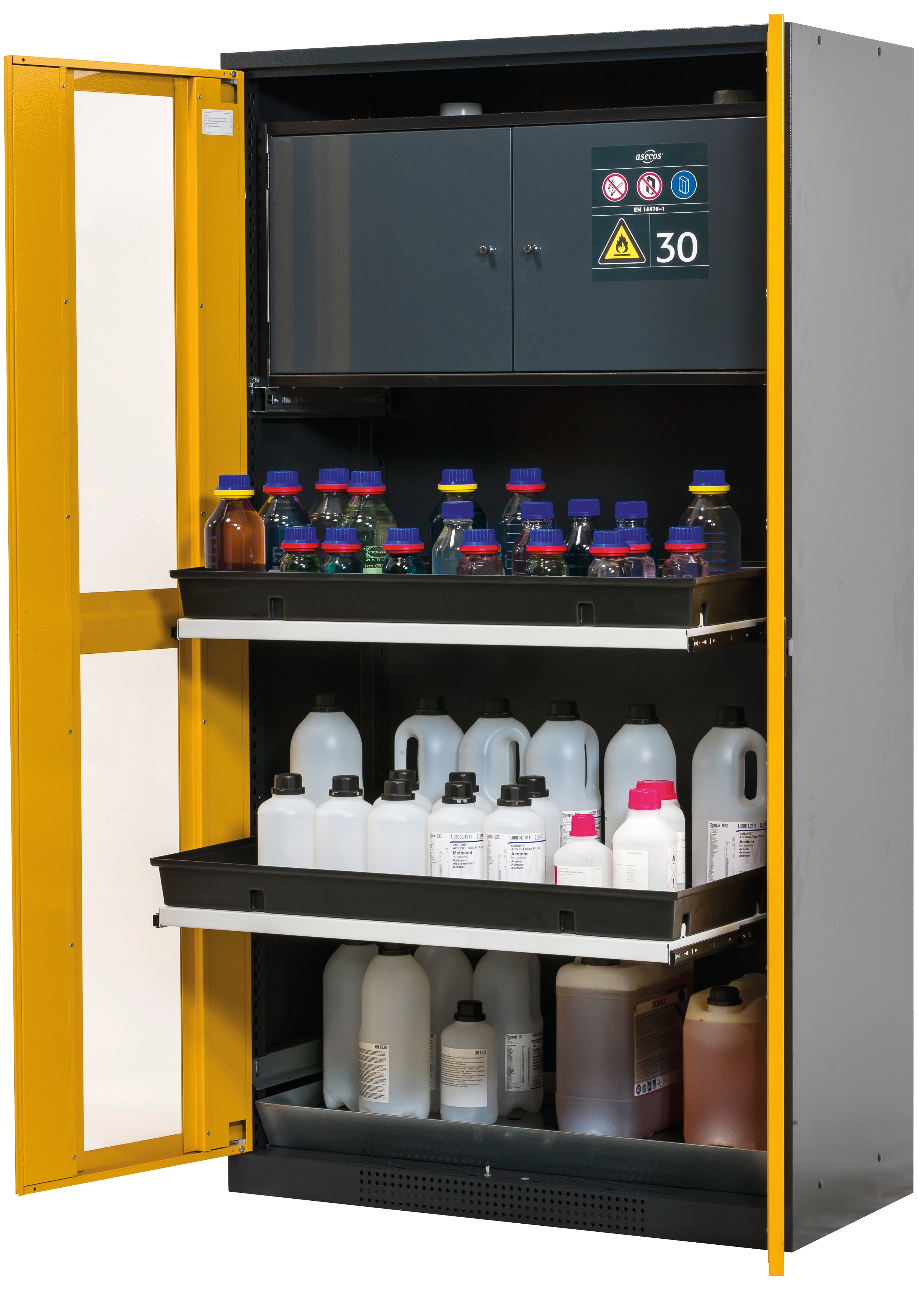 Chemical cabinet with type 30 safety box CS-CLASSIC-GF model CS.195.105.F.WDFW in safety yellow RAL 1004 with 3x AbZ shelf pull-out (sheet steel/polypropylene)