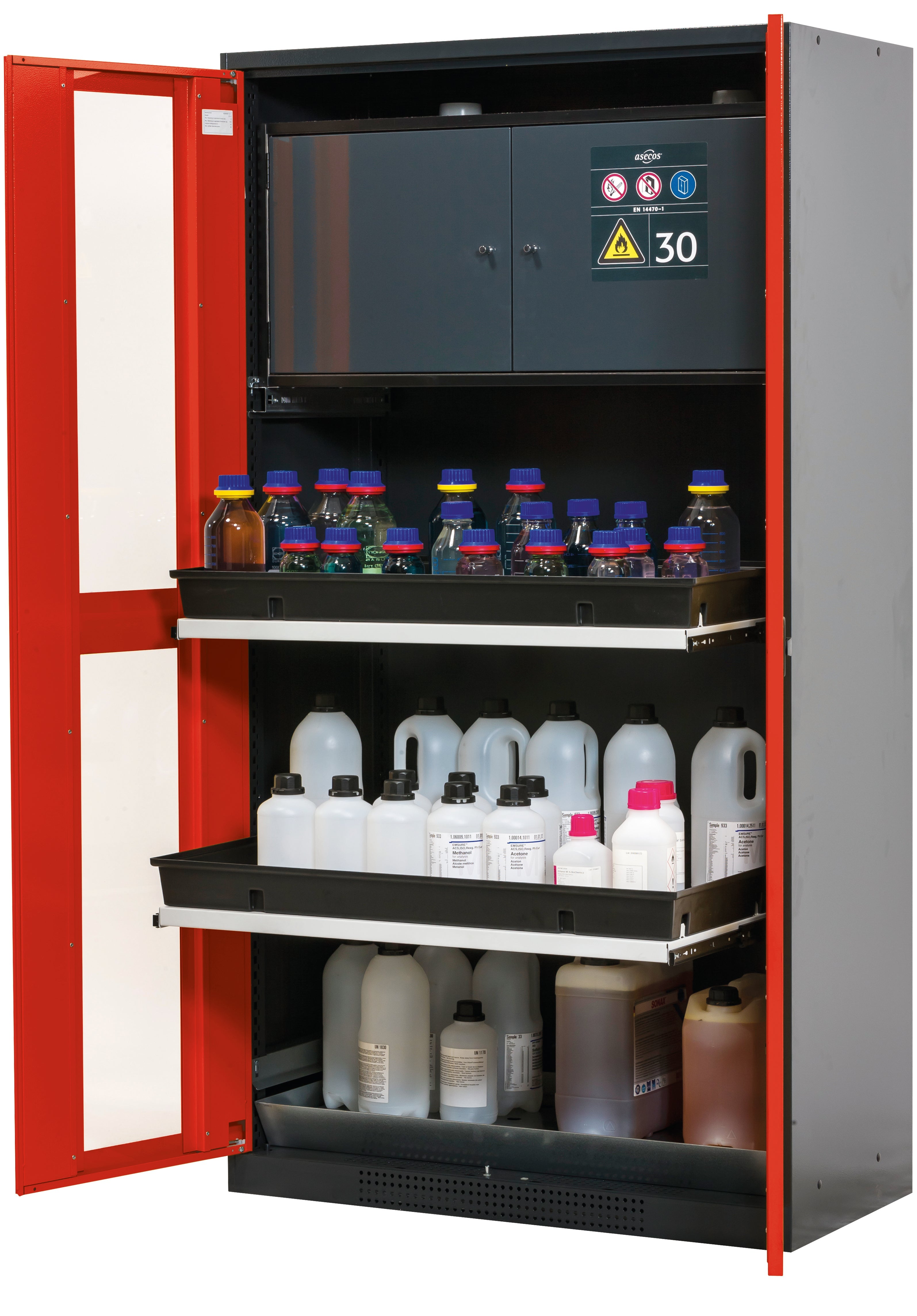Chemical cabinet with type 30 safety box CS-CLASSIC-GF model CS.195.105.F.WDFW in traffic red RAL 3020 with 3x AbZ shelf pull-out (sheet steel/polypropylene)