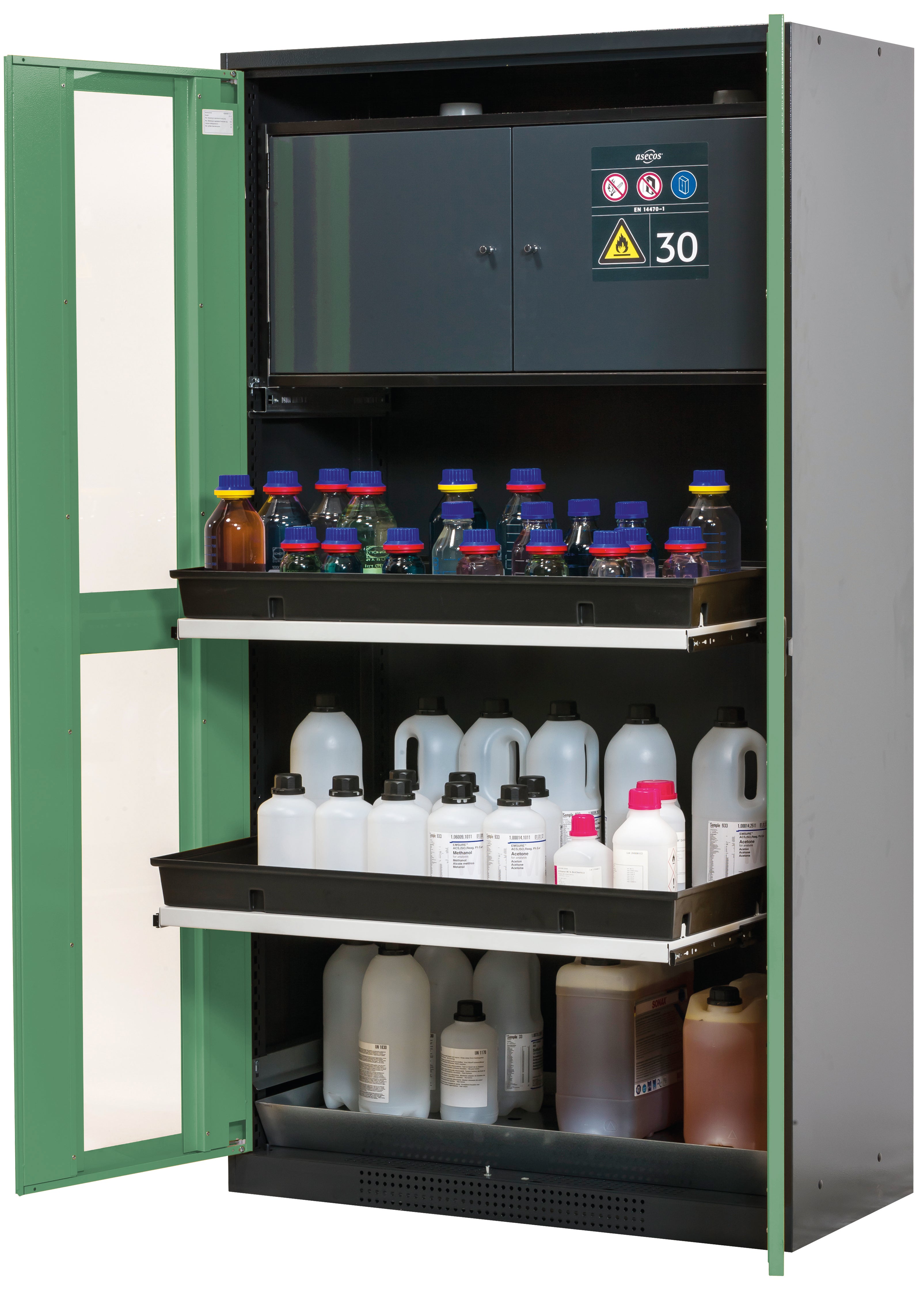 Chemical cabinet with type 30 safety box CS-CLASSIC-GF model CS.195.105.F.WDFW in reseda green RAL 6011 with 3x AbZ shelf pull-out (sheet steel/polypropylene)