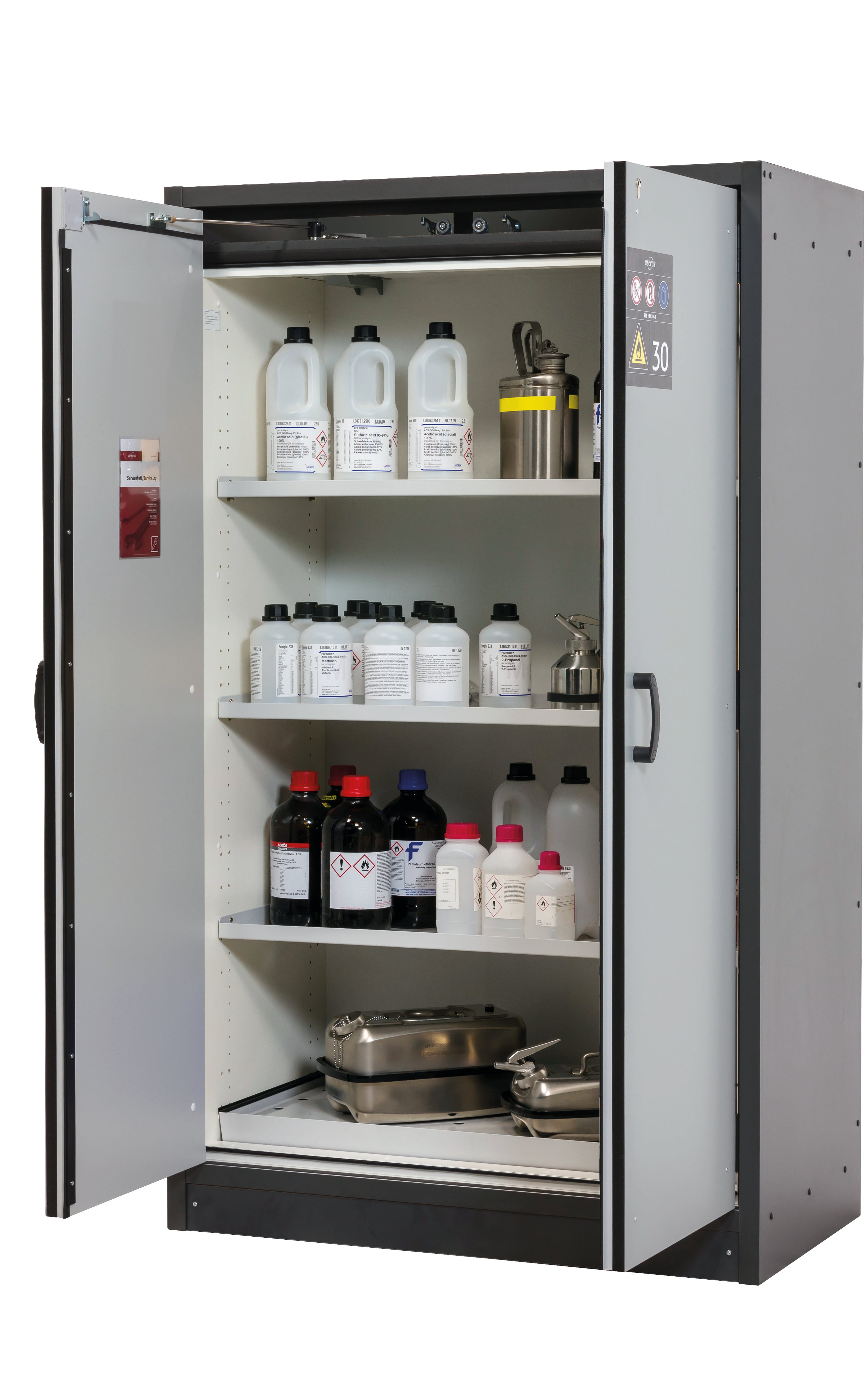 Type 30 safety cabinet Q-CLASSIC-30 model Q30.195.116 in light gray RAL 7035 with 3x standard shelves (sheet steel)