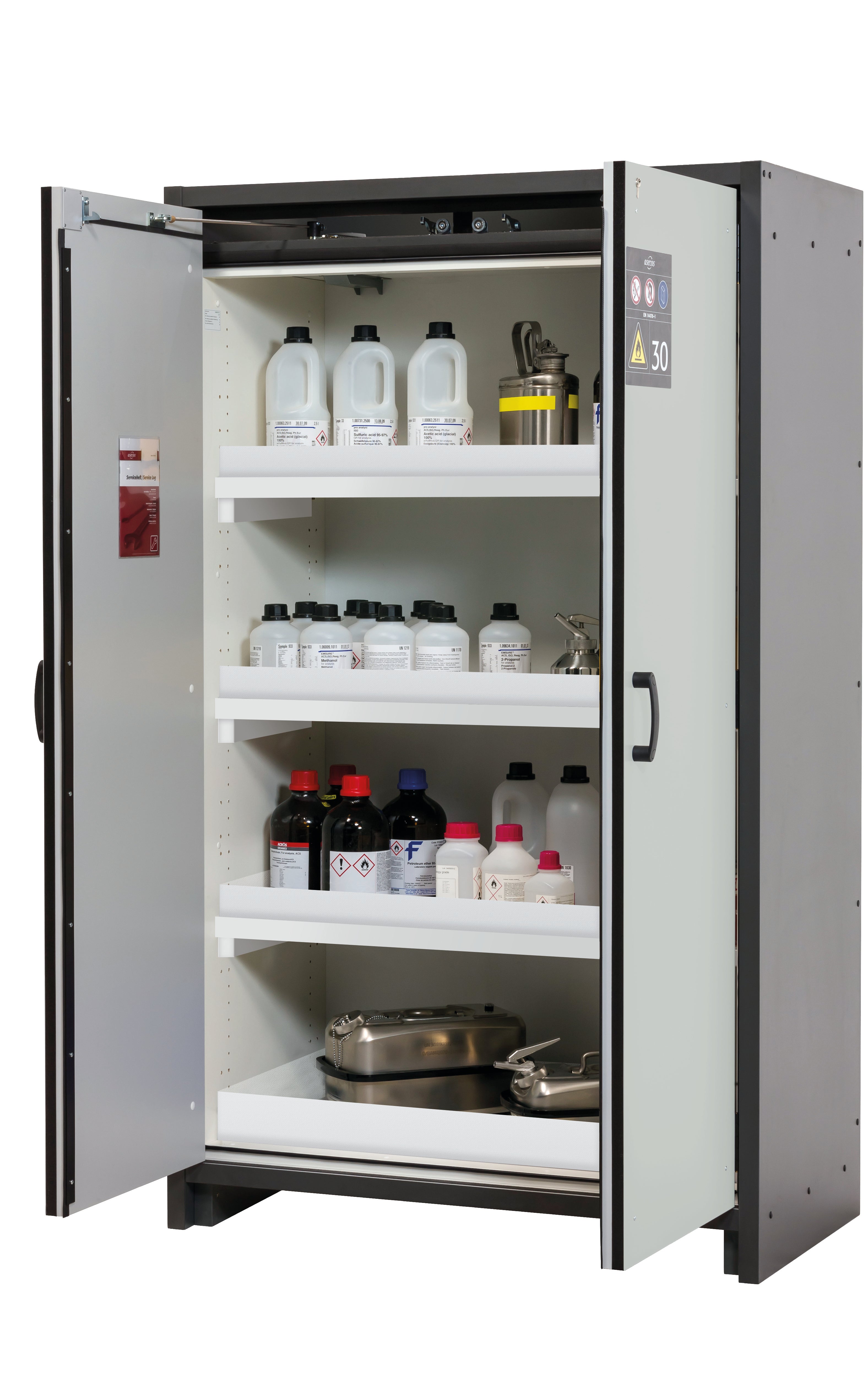 Type 30 safety cabinet Q-CLASSIC-30 model Q30.195.116 in light gray RAL 7035 with 3x standard tray base (polypropylene)