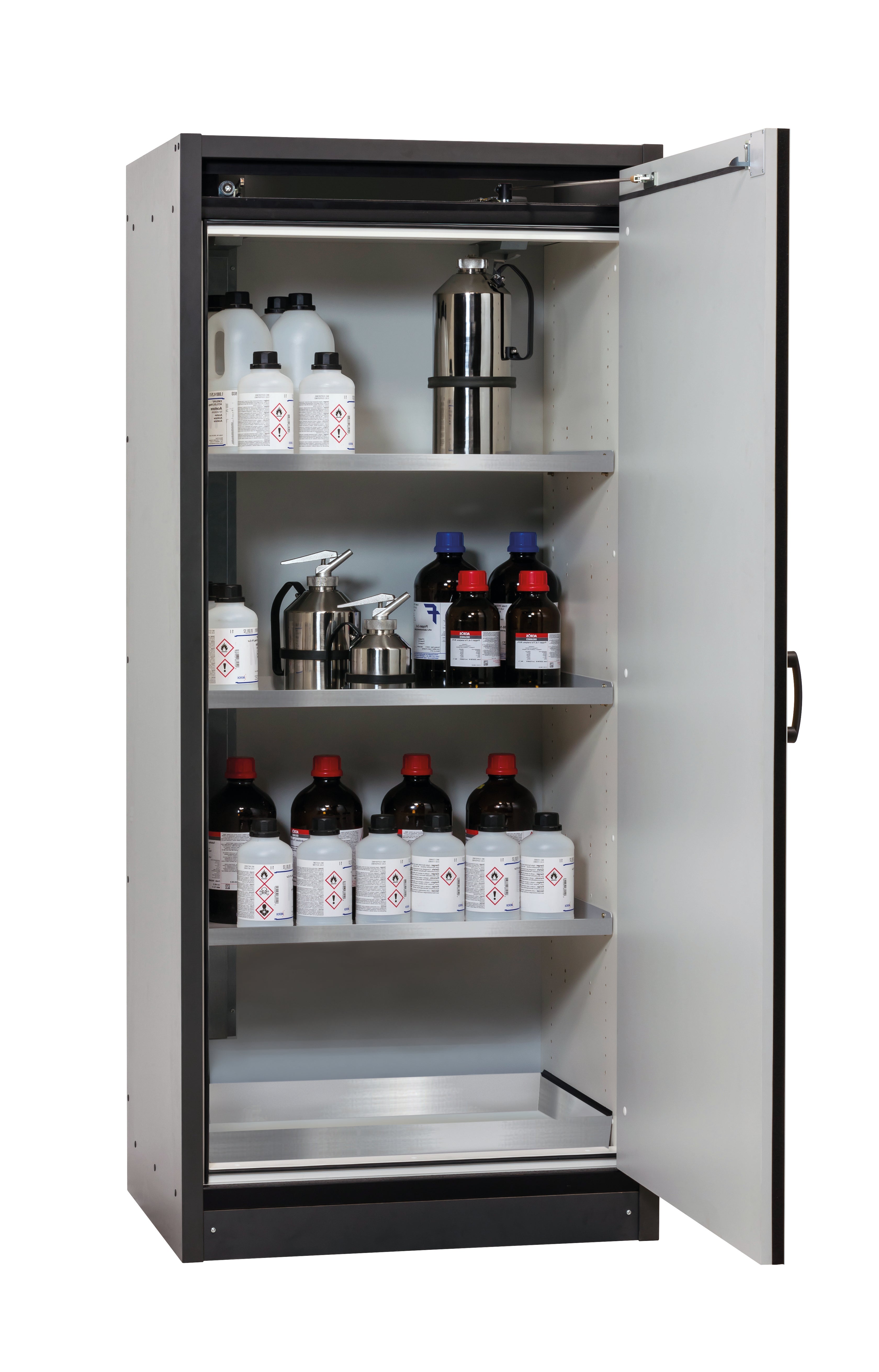 Armoire de sécurité type 30 Q-CLASSIC-30 modèle Q30.195.086.WDR en gris clair RAL 7035 avec 3x étagères standard (acier inoxydable 1.4301)