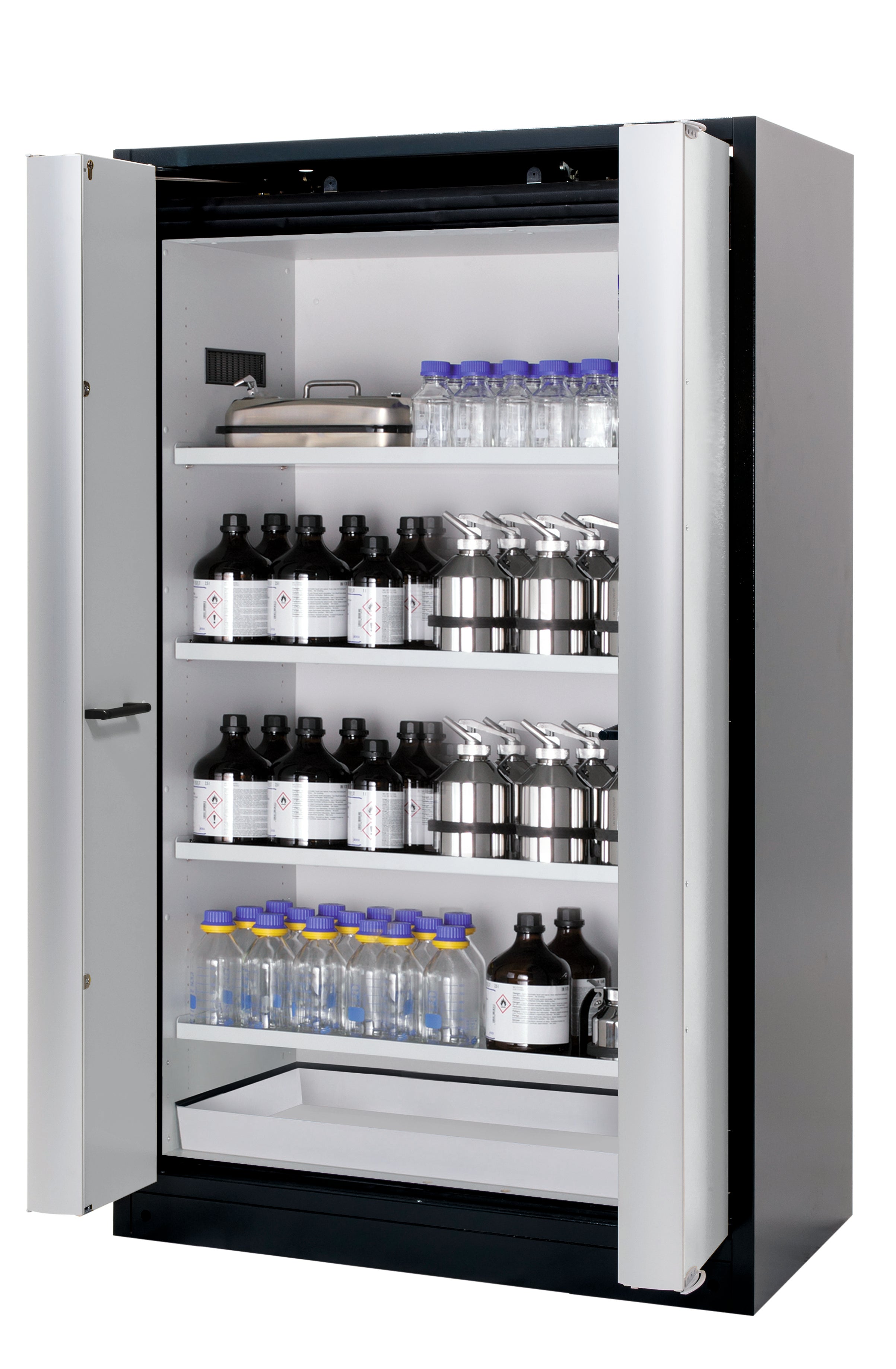 Type 90 safety cabinet Q-PHOENIX-90 model Q90.195.120.FD in light gray RAL 7035 with 4x standard shelves (sheet steel)