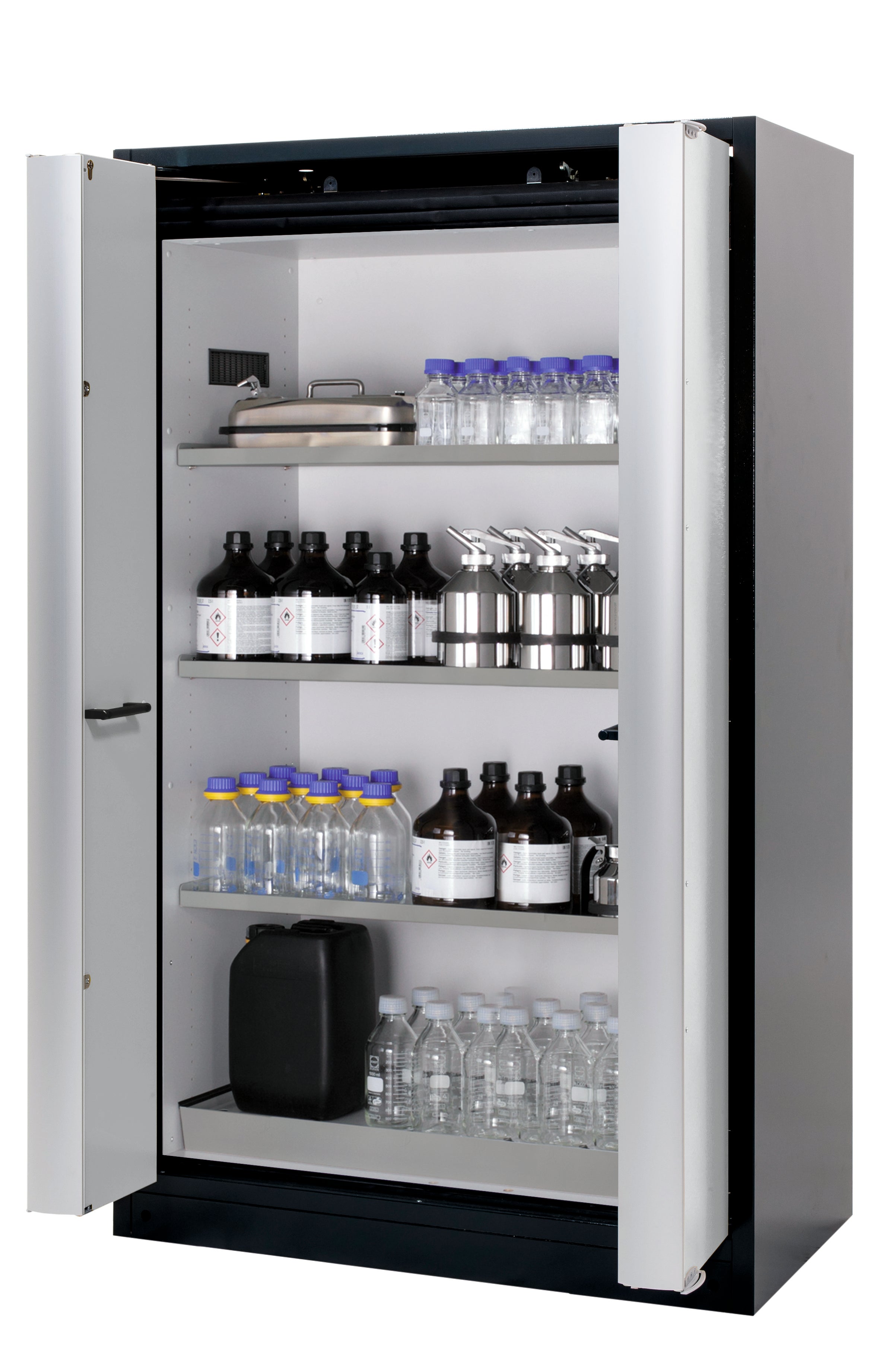 Type 90 safety cabinet Q-PHOENIX-90 model Q90.195.120.FD in light gray RAL 7035 with 3x standard shelves (stainless steel 1.4301)