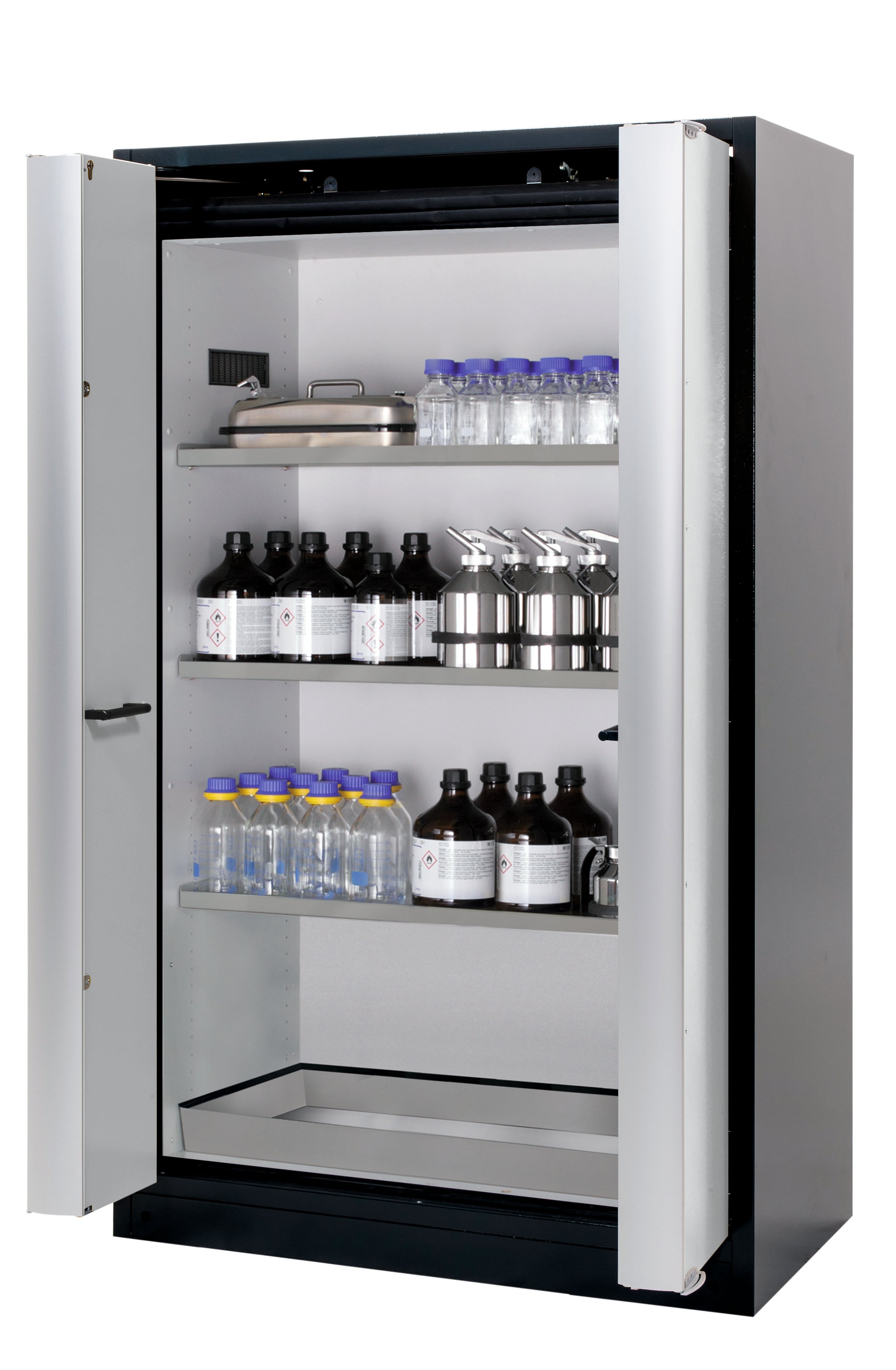 Type 90 safety cabinet Q-PHOENIX-90 model Q90.195.120.FD in light gray RAL 7035 with 3x standard shelves (stainless steel 1.4301)
