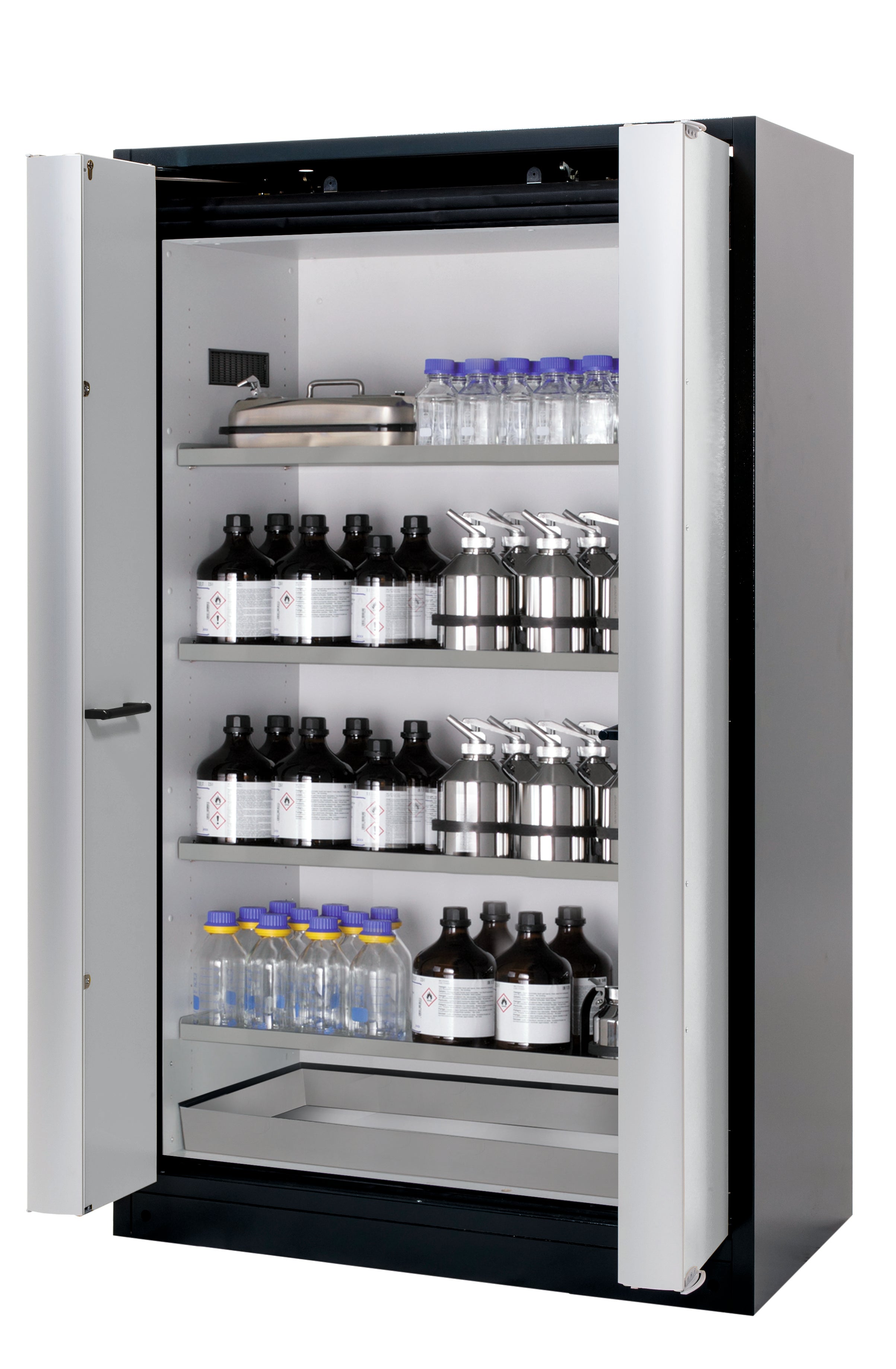 Type 90 safety cabinet Q-PHOENIX-90 model Q90.195.120.FD in light gray RAL 7035 with 4x standard shelves (stainless steel 1.4301)