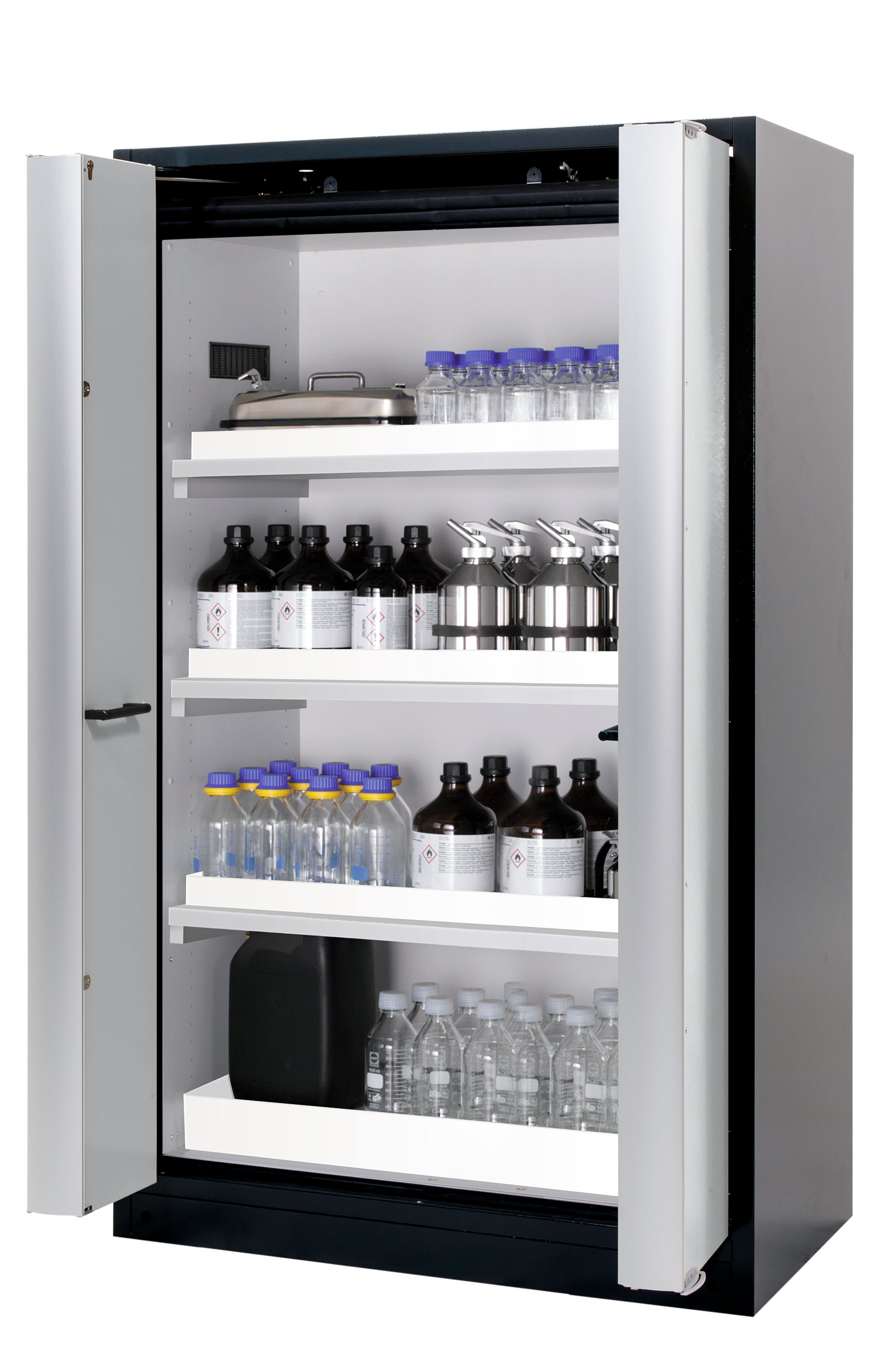 Type 90 safety cabinet Q-PHOENIX-90 model Q90.195.120.FD in light gray RAL 7035 with 3x standard tray base (polypropylene)