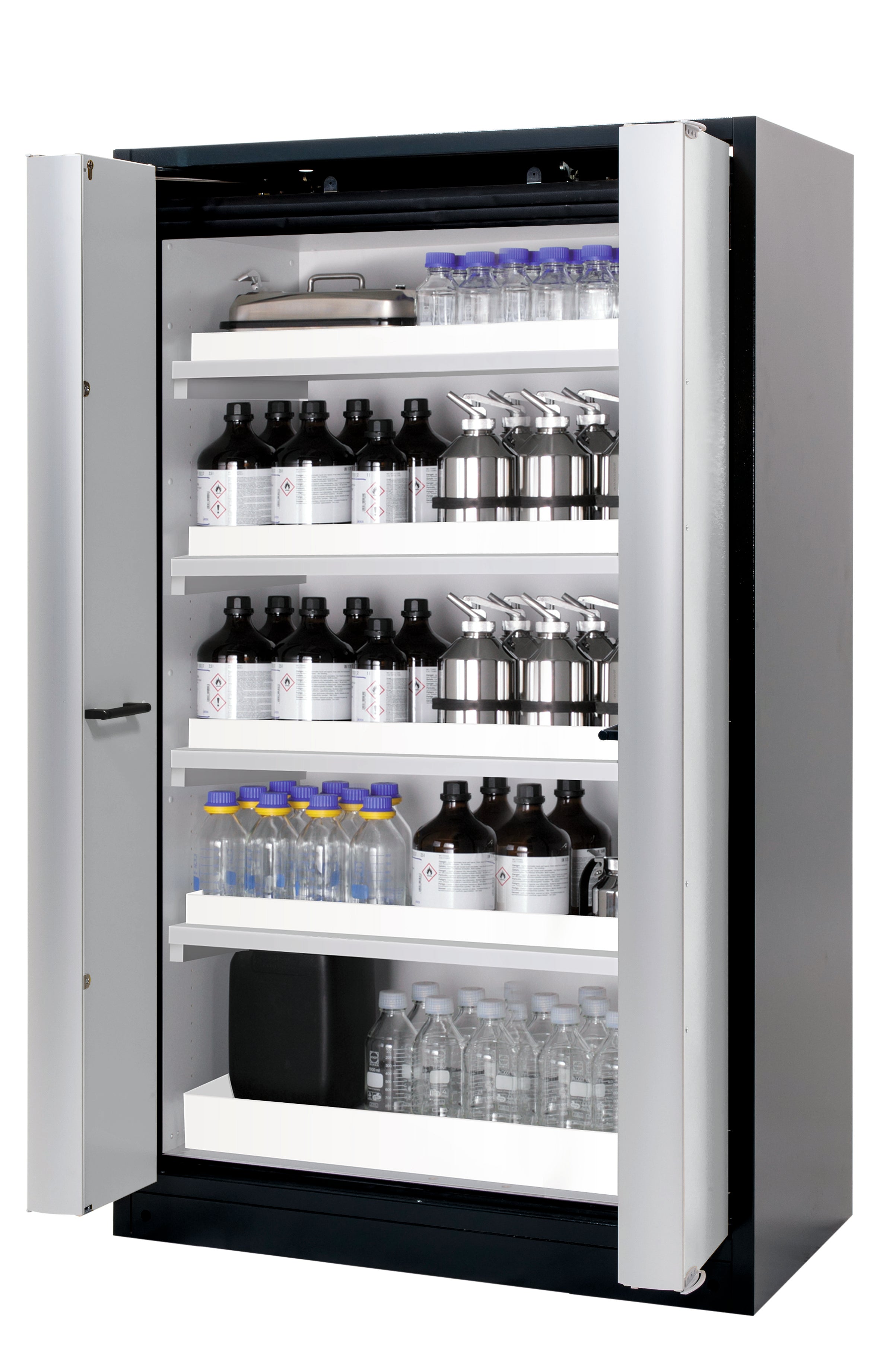 Type 90 safety cabinet Q-PHOENIX-90 model Q90.195.120.FD in light gray RAL 7035 with 4x standard tray base (polypropylene)