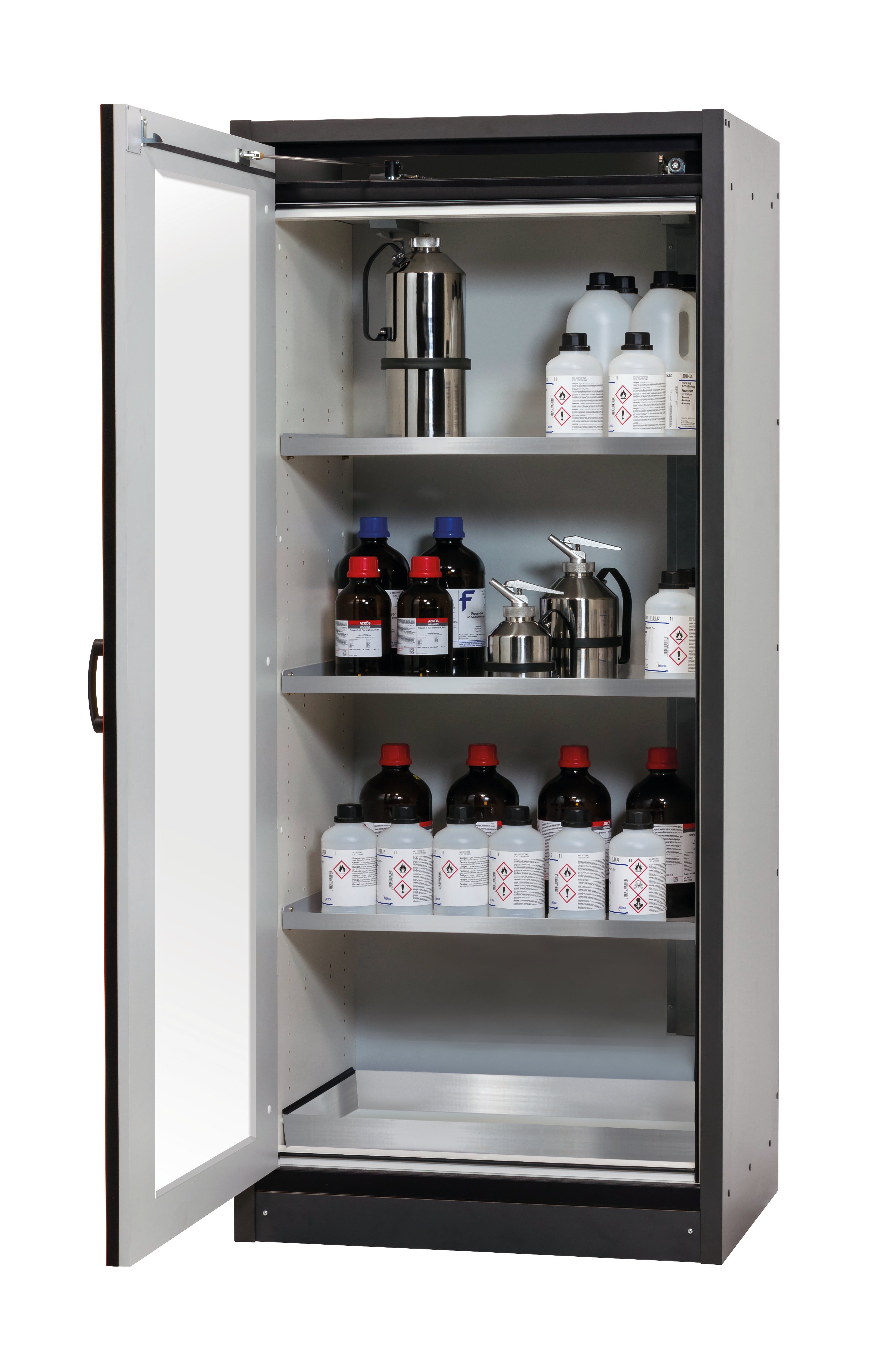 Type 30 safety cabinet Q-DISPLAY-30 model Q30.195.086.WDFW in traffic red RAL 3020 with 3x standard shelves (stainless steel 1.4301)