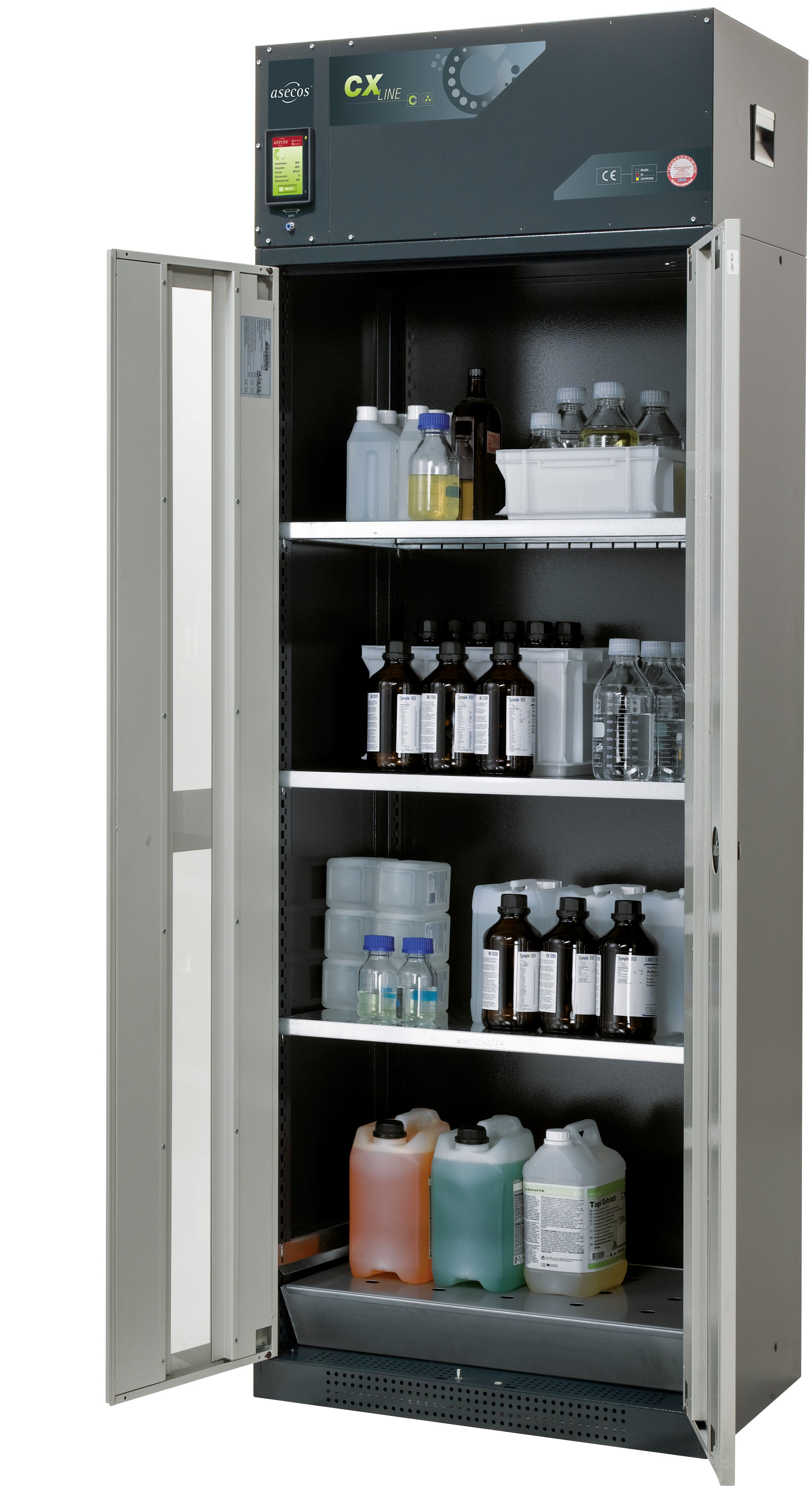 Circulating air filter cabinet CX-CLASSIC-G model CX.229.081.WDFW in light gray RAL 7035 with 3x standard shelves (sheet steel)