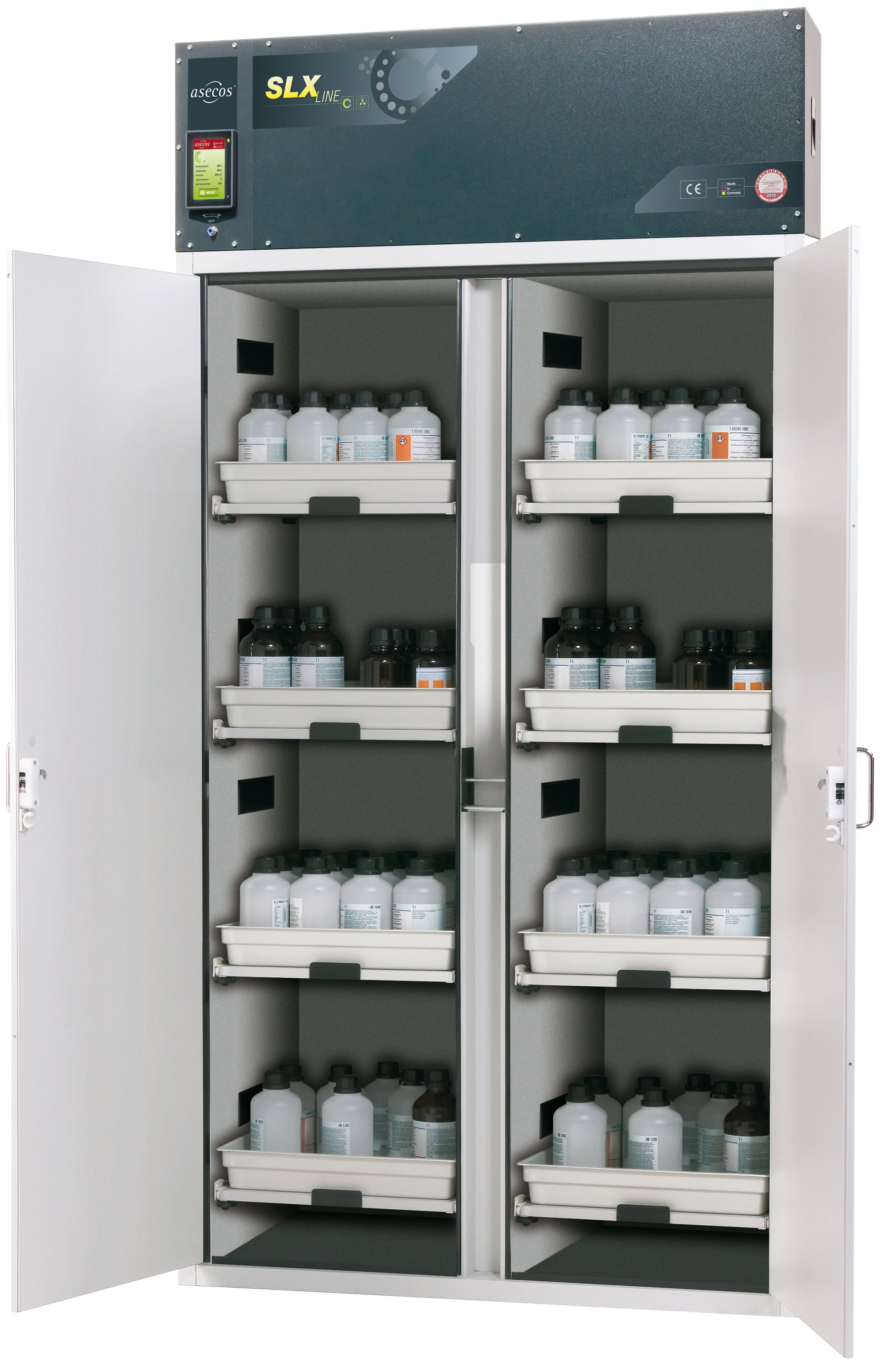 Circulating air filter cabinet SLX-CLASSIC model SLX.230.120.MV in light gray RAL 7035 with 8x AbZ shelf pull-outs (FP plate/polypropylene)