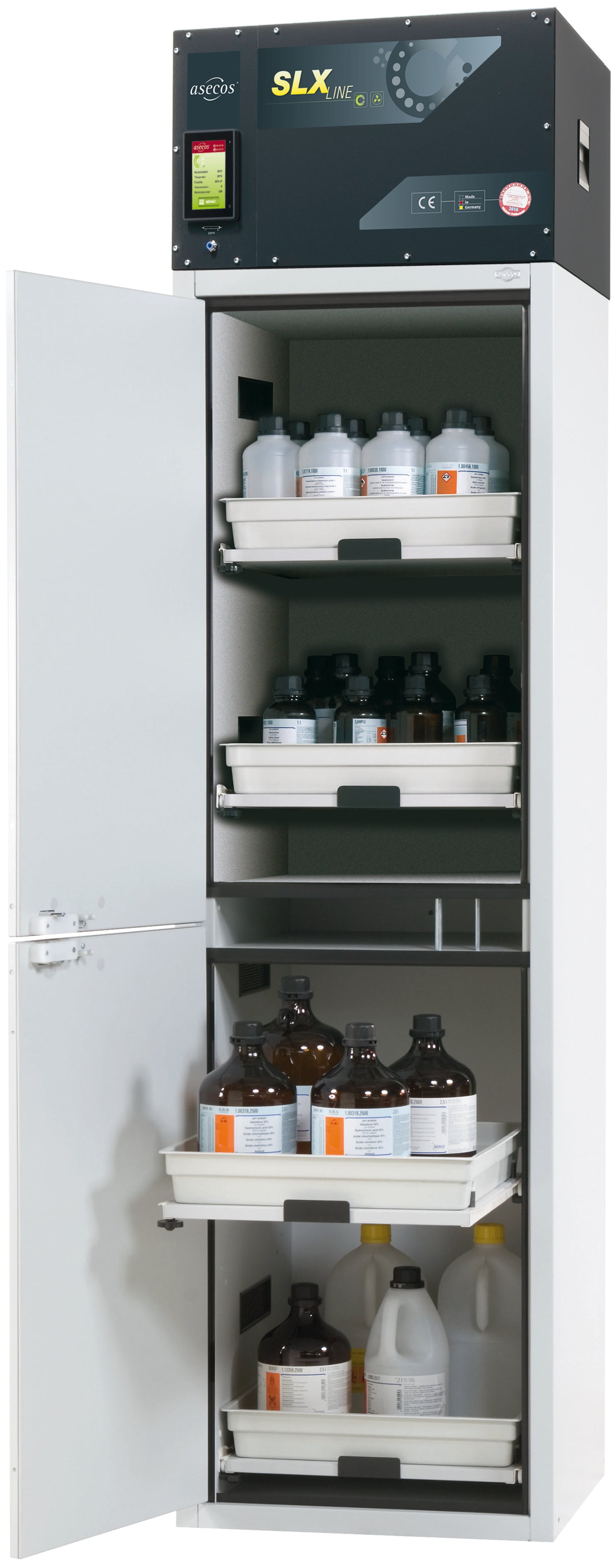 Circulating air filter cabinet SLX-CLASSIC model SLX.230.060.MH in light gray RAL 7035 with 4x AbZ shelf pull-out (FP plate/polypropylene)