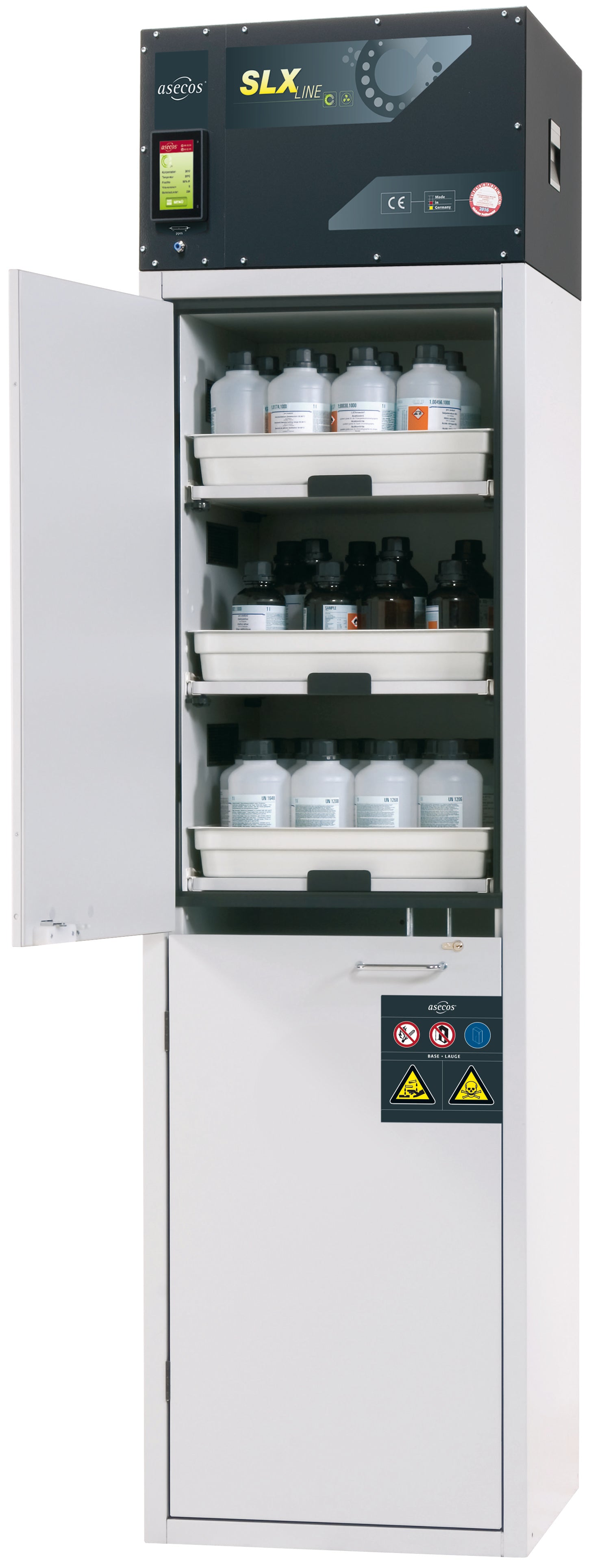 Circulating air filter cabinet SLX-CLASSIC model SLX.230.060.MH in light gray RAL 7035 with 6x AbZ shelf pull-outs (FP plate/polypropylene)