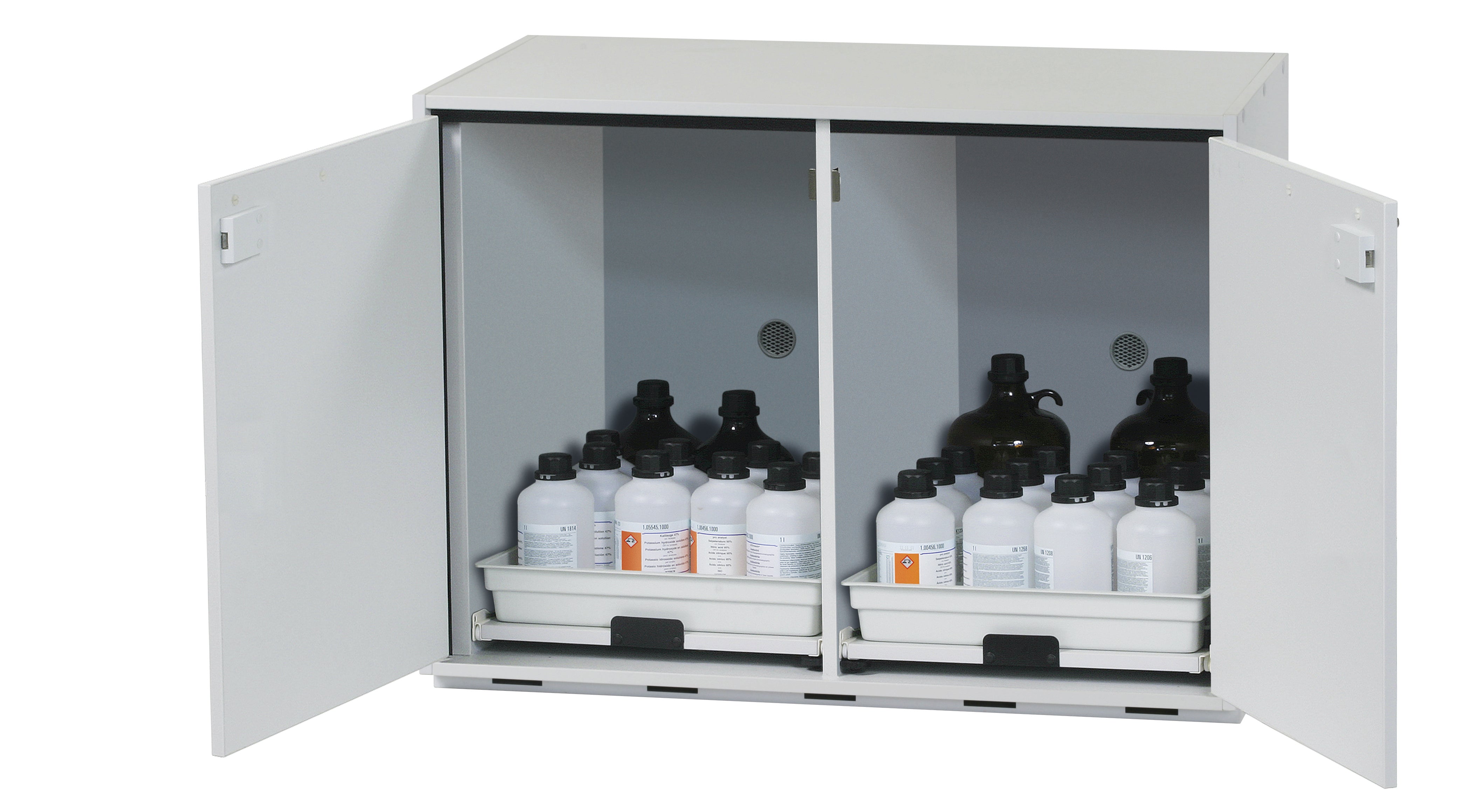 Acid and alkali base cabinet SL-CLASSIC-UB model SL.080.110.UB.2T in light gray with 2x AbZ shelf pull-out (FP plate/polypropylene)