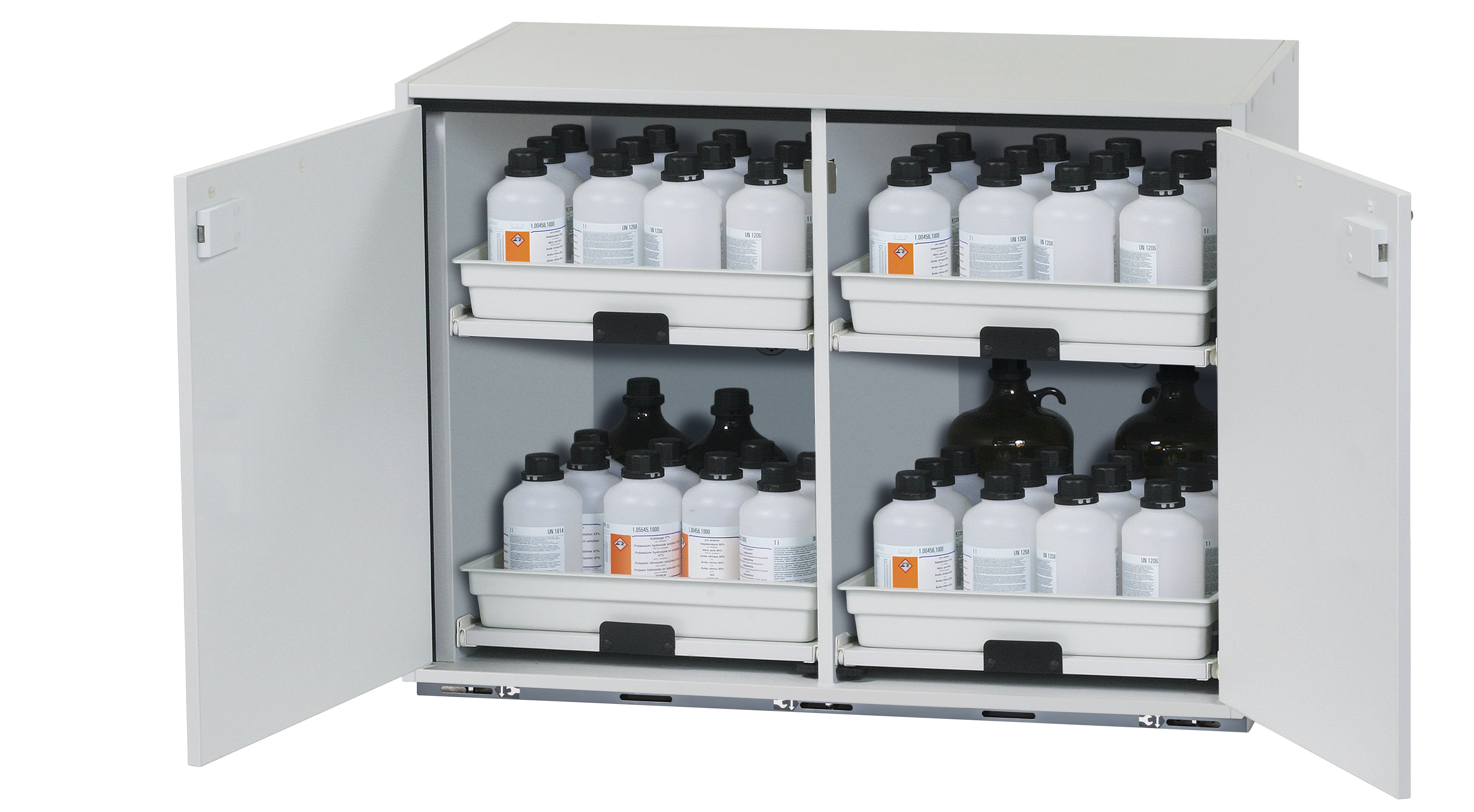 Acid and alkali base cabinet SL-CLASSIC-UB model SL.080.110.UB.2T in light gray with 4x AbZ pull-out shelves (FP plate/polypropylene)