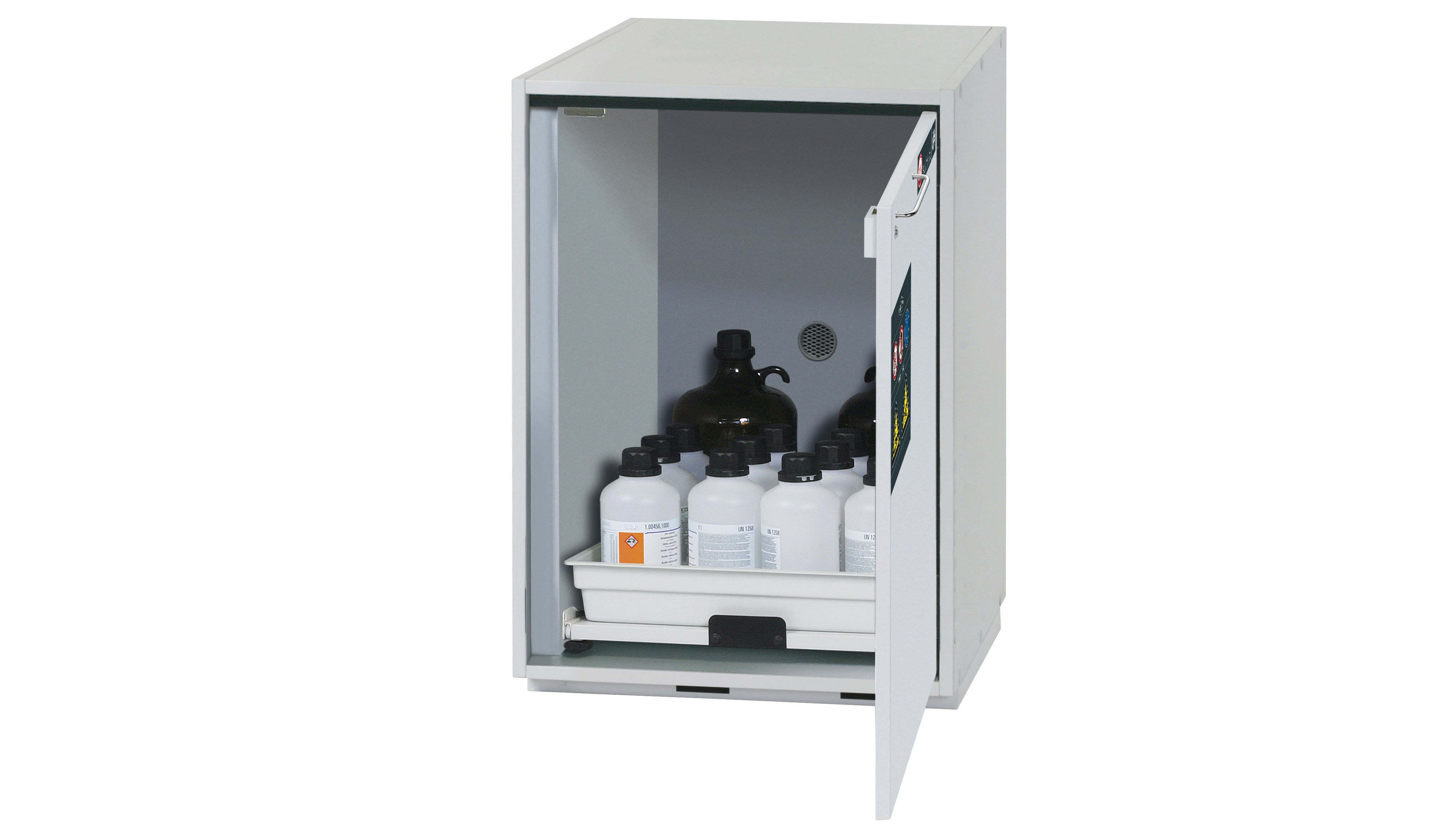 Acid and alkali base cabinet SL-CLASSIC-UB model SL.080.059.UB.TR in light gray with 1x AbZ shelf pull-out (FP plate/polypropylene)