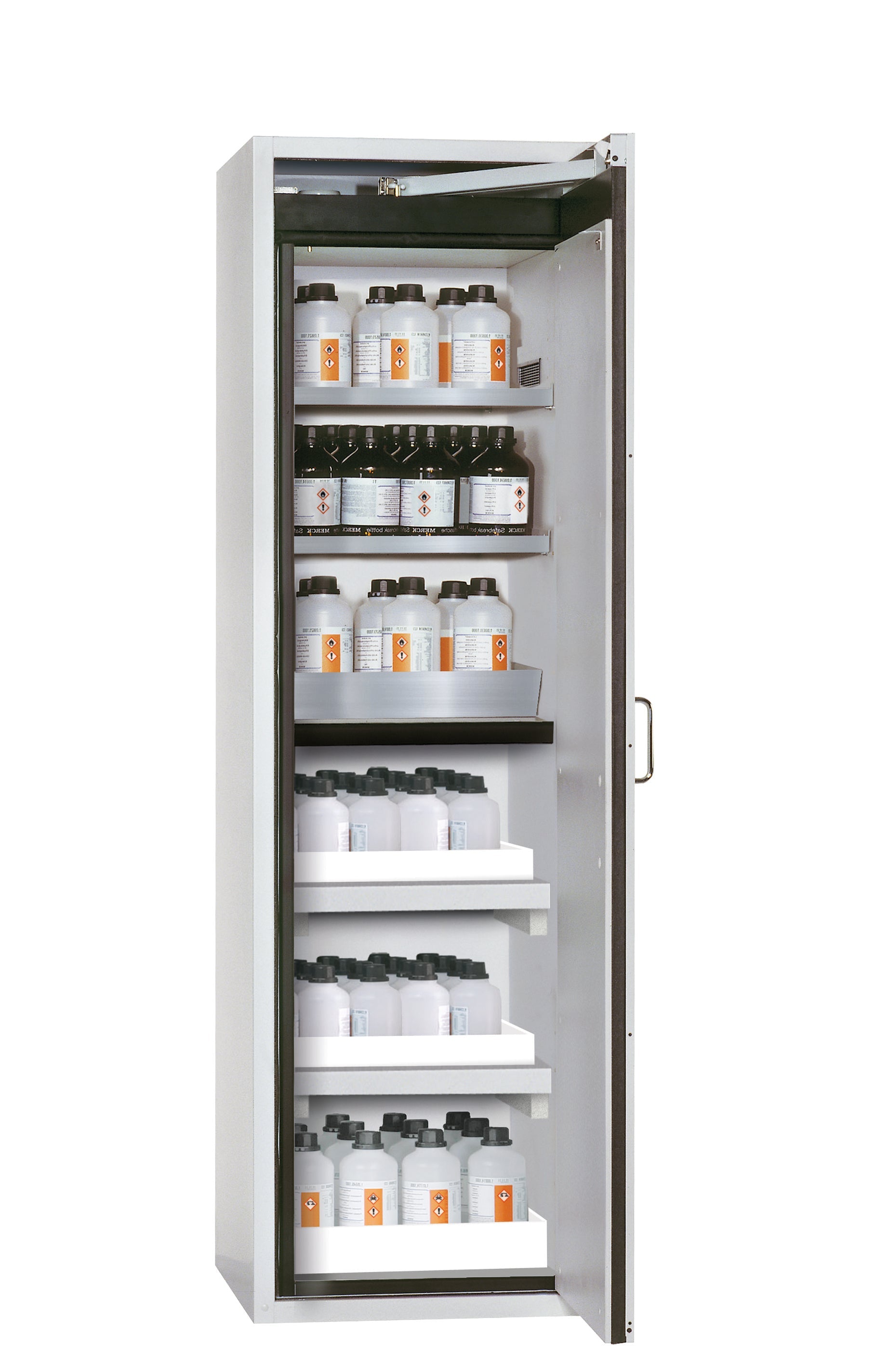 Armoire de sécurité type 90 S-CLASSIC-90 modèle S90.196.060.MH.WDASR en gris clair RAL 7035 avec 2x étagères standard (acier inoxydable 1.4301)