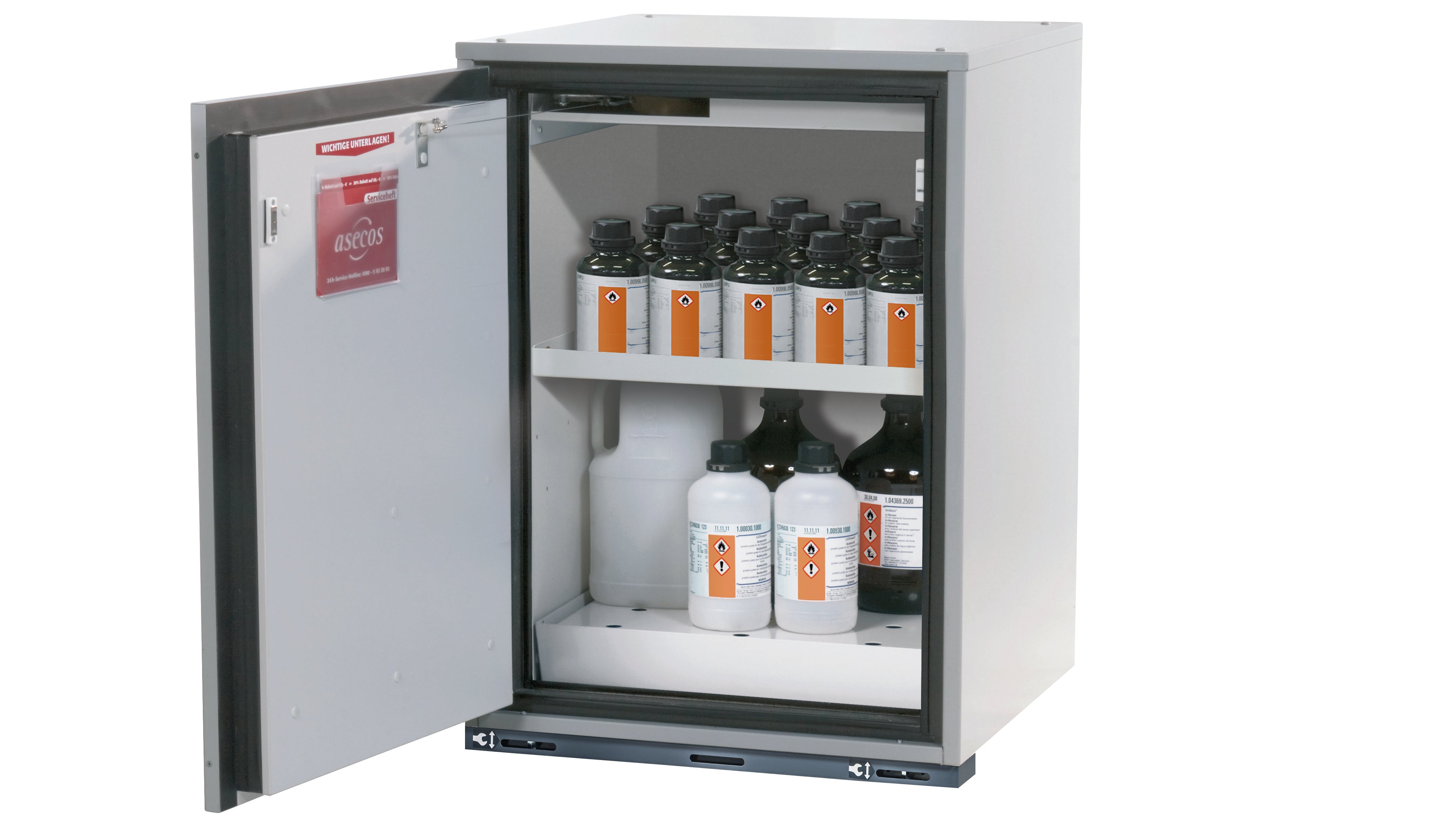 Type 90 safety base cabinet UB-T-90 model UB90.080.059.060.T in light gray RAL 7035 with 1x standard shelf (sheet steel)