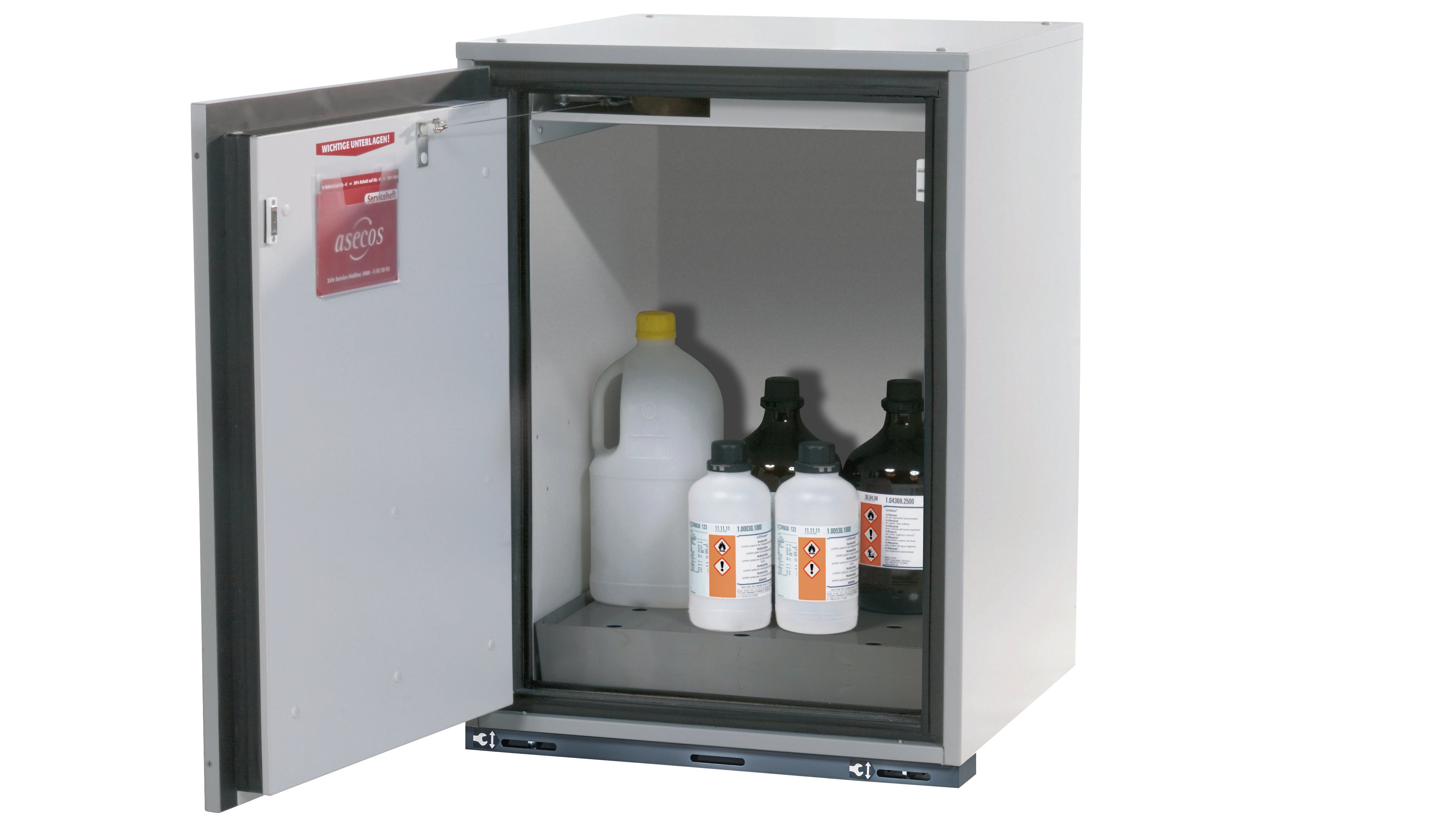 Type 90 safety base cabinet UB-T-90 model UB90.080.059.060.T in light gray RAL 7035 with 1x perforated sheet metal insert standard (stainless steel 1.4016)