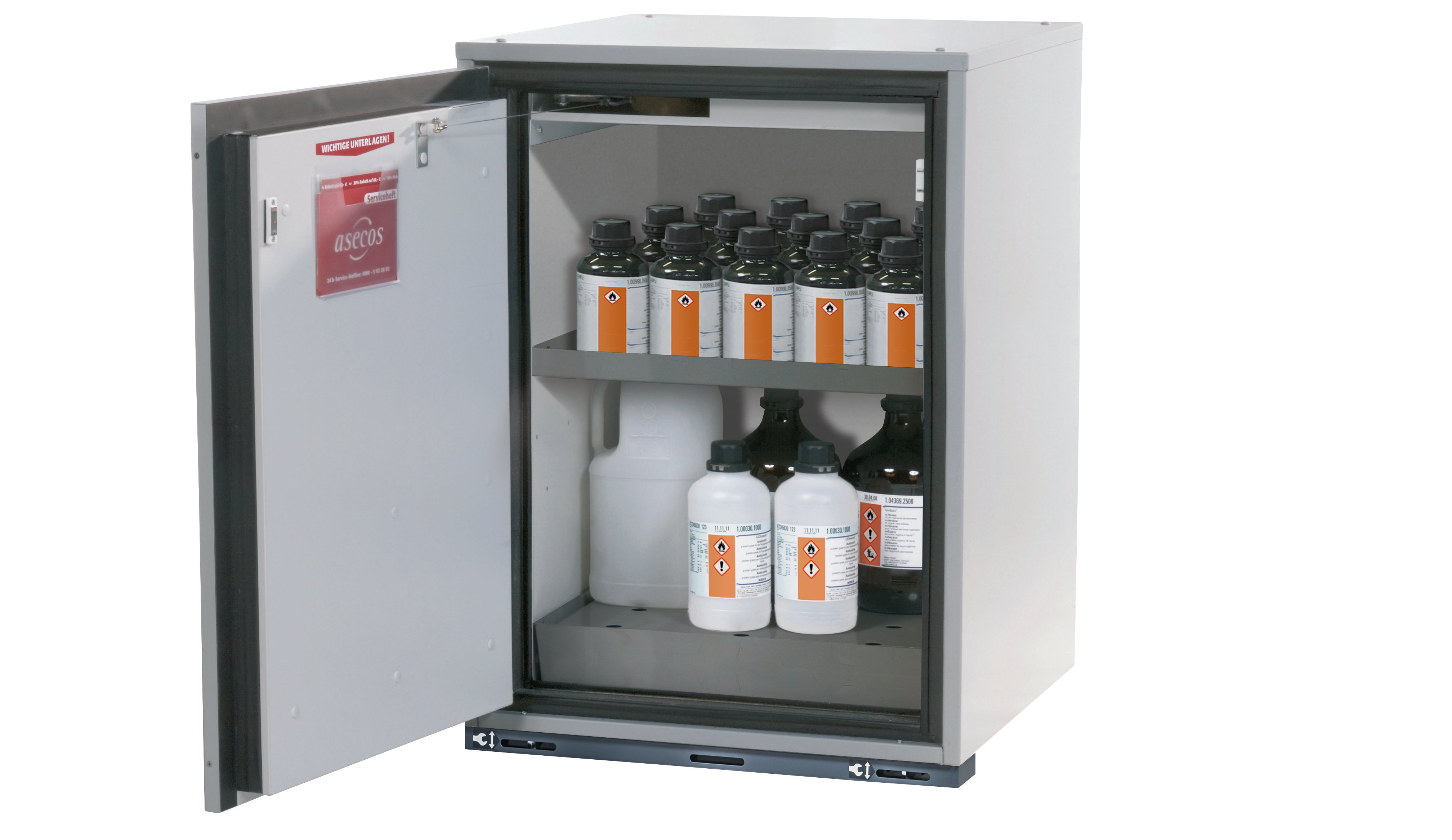 Type 90 safety base cabinet UB-T-90 model UB90.080.059.060.T in light gray RAL 7035 with 1x standard shelf (stainless steel 1.4301)