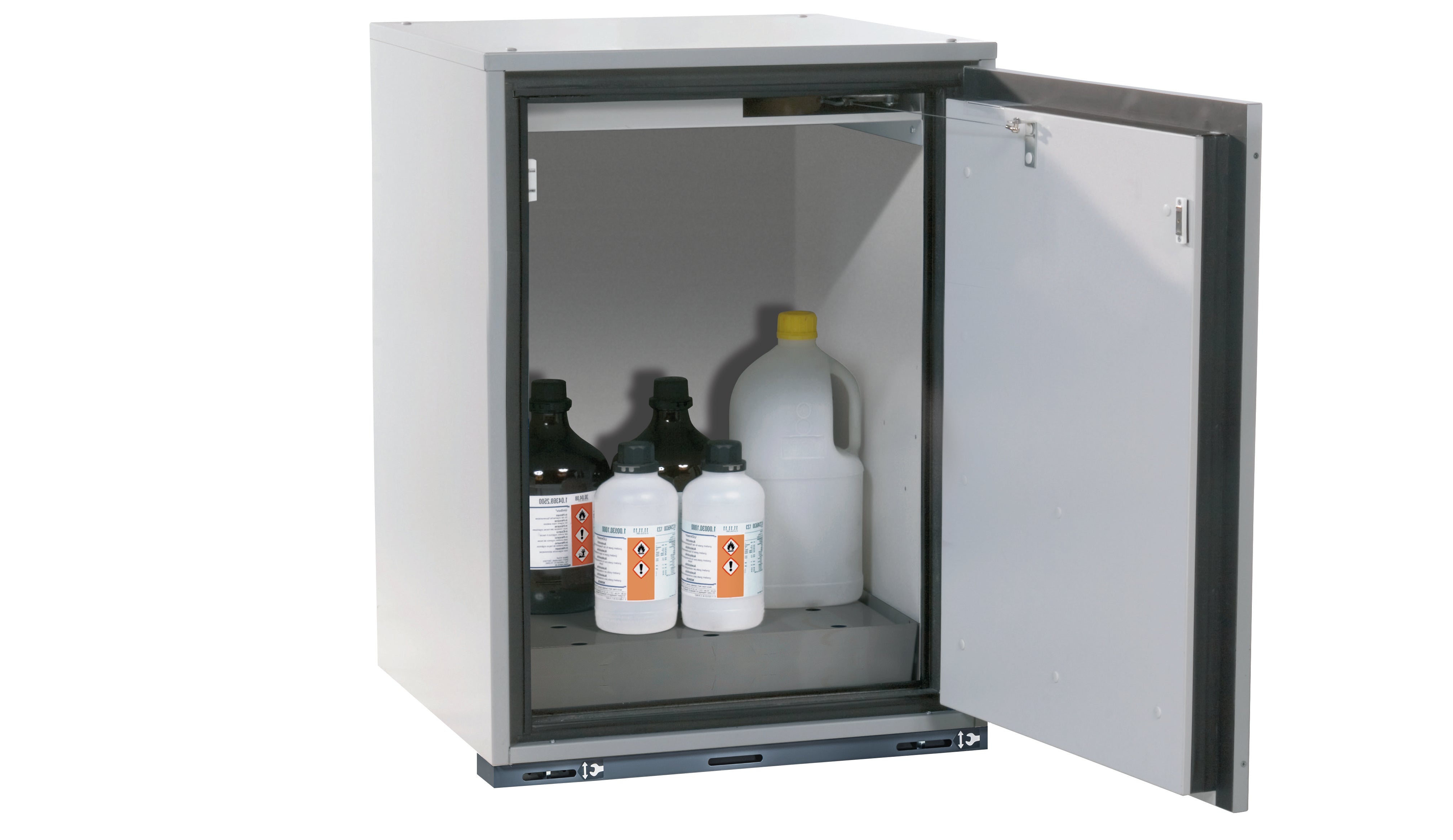 Type 90 safety base cabinet UB-T-90 model UB90.080.059.060.TR in light gray RAL 7035 with 1x perforated sheet metal insert standard (stainless steel 1.4016)
