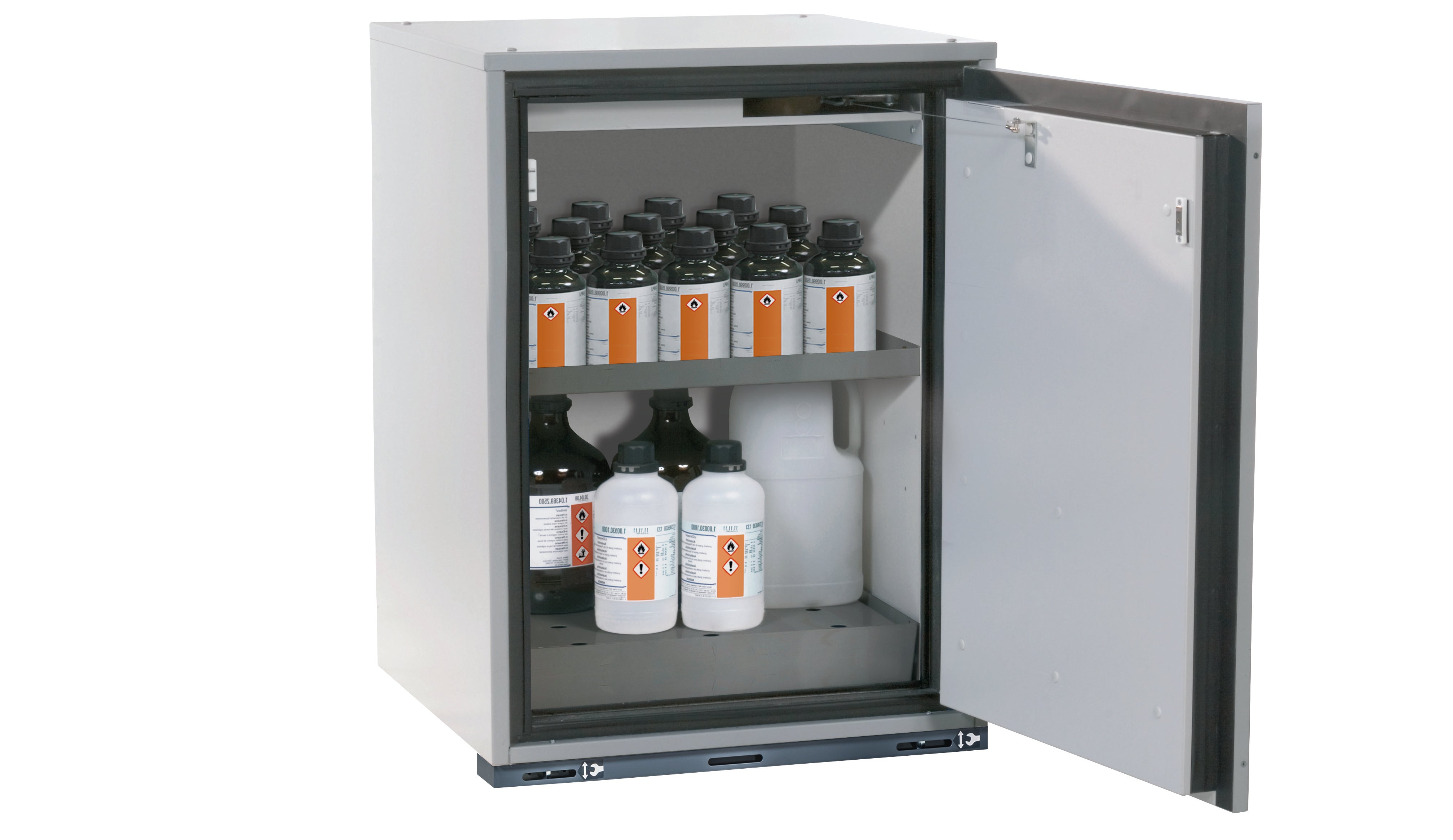 Type 90 safety base cabinet UB-T-90 model UB90.080.059.060.TR in light gray RAL 7035 with 1x standard shelf (stainless steel 1.4301)