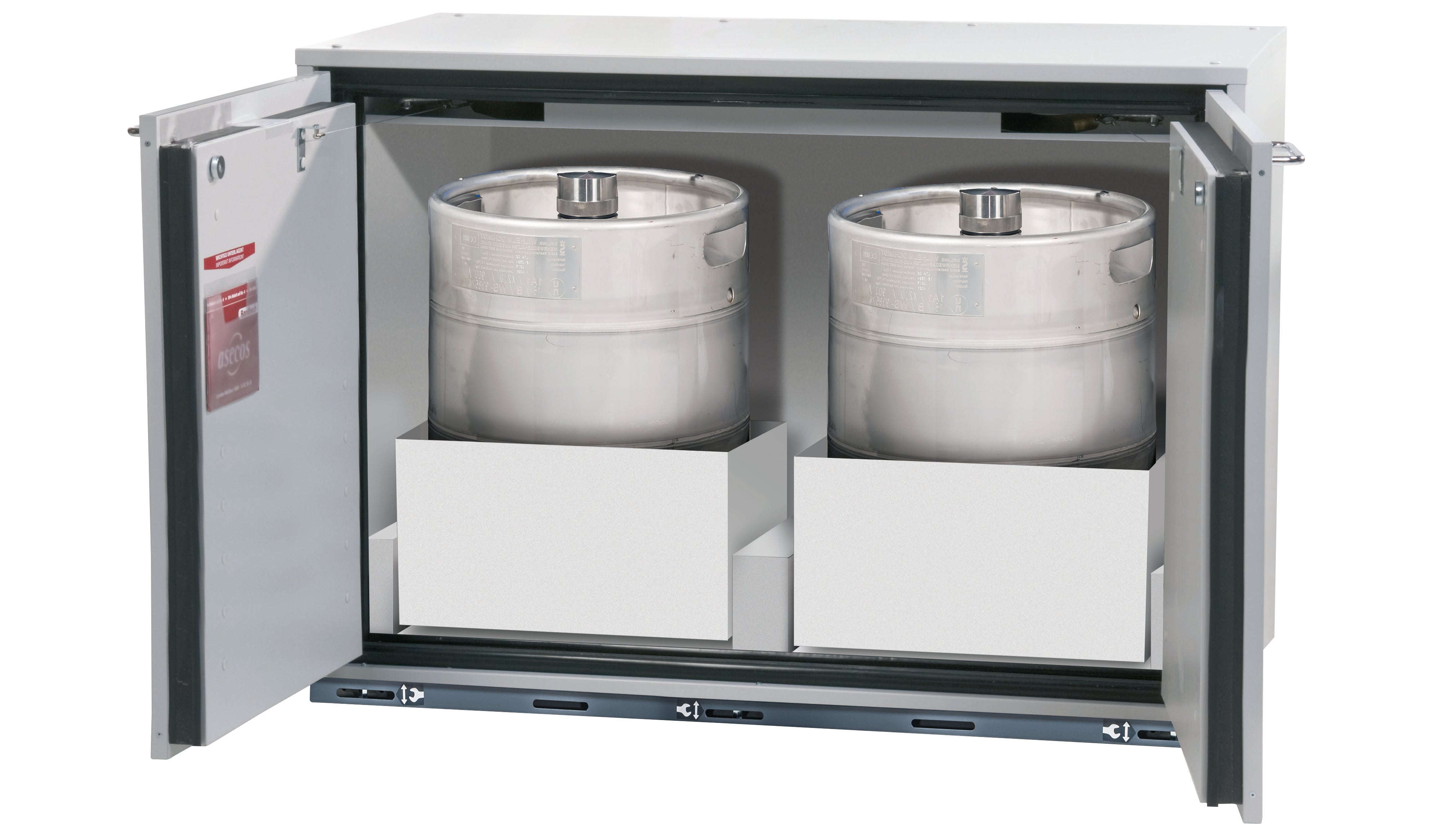 Type 90 safety base cabinet UB-T-90 model UB90.080.110.060.2T in light gray RAL 7035 with 1x pull-out tray STAWA-R max. interior height (stainless steel 1.4404)