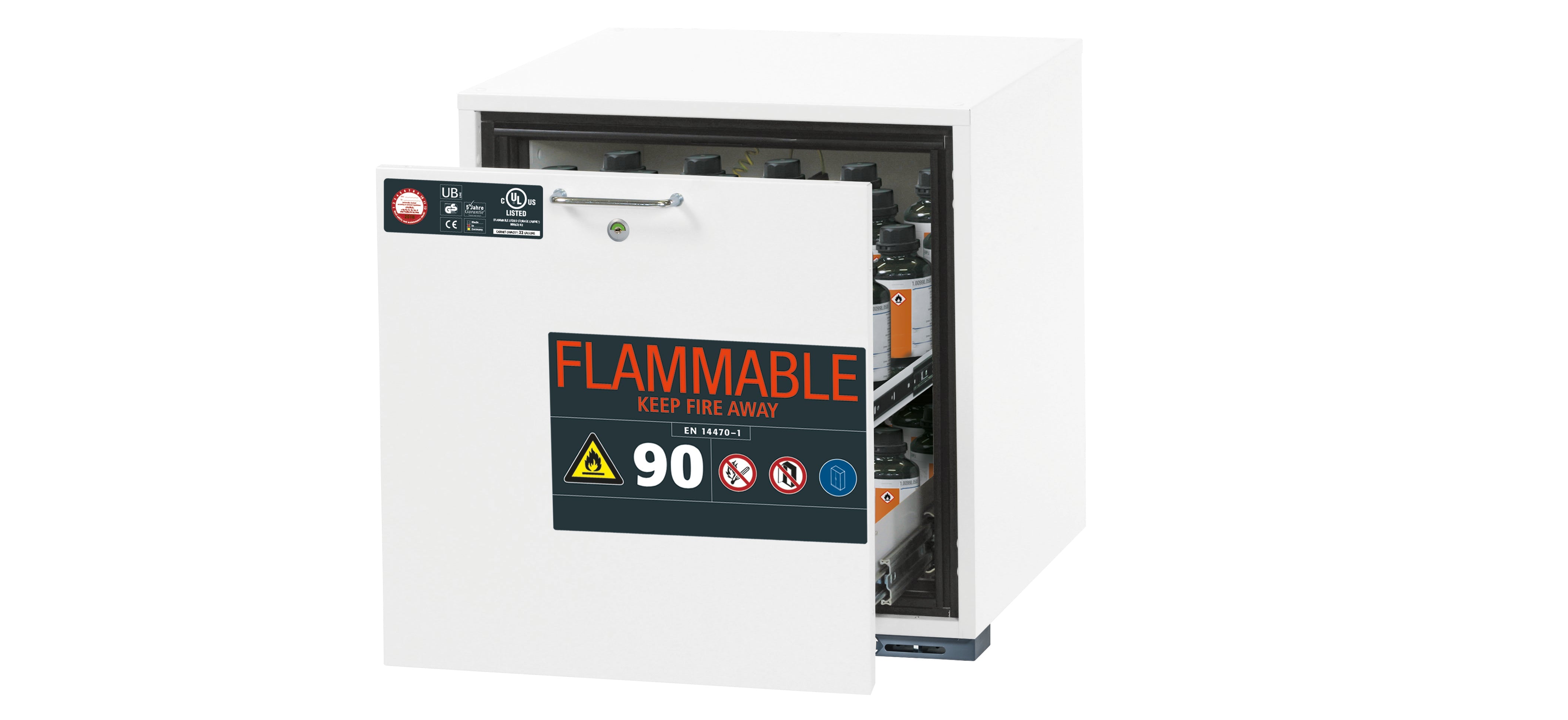 Armoire inférieure de sécurité type 90 UB-S-90 modèle UB90.060.059.UL.S en blanc de laboratoire (similaire à RAL 9016) avec 1x plateau à tiroirs STAWA-R (tôle d'acier)