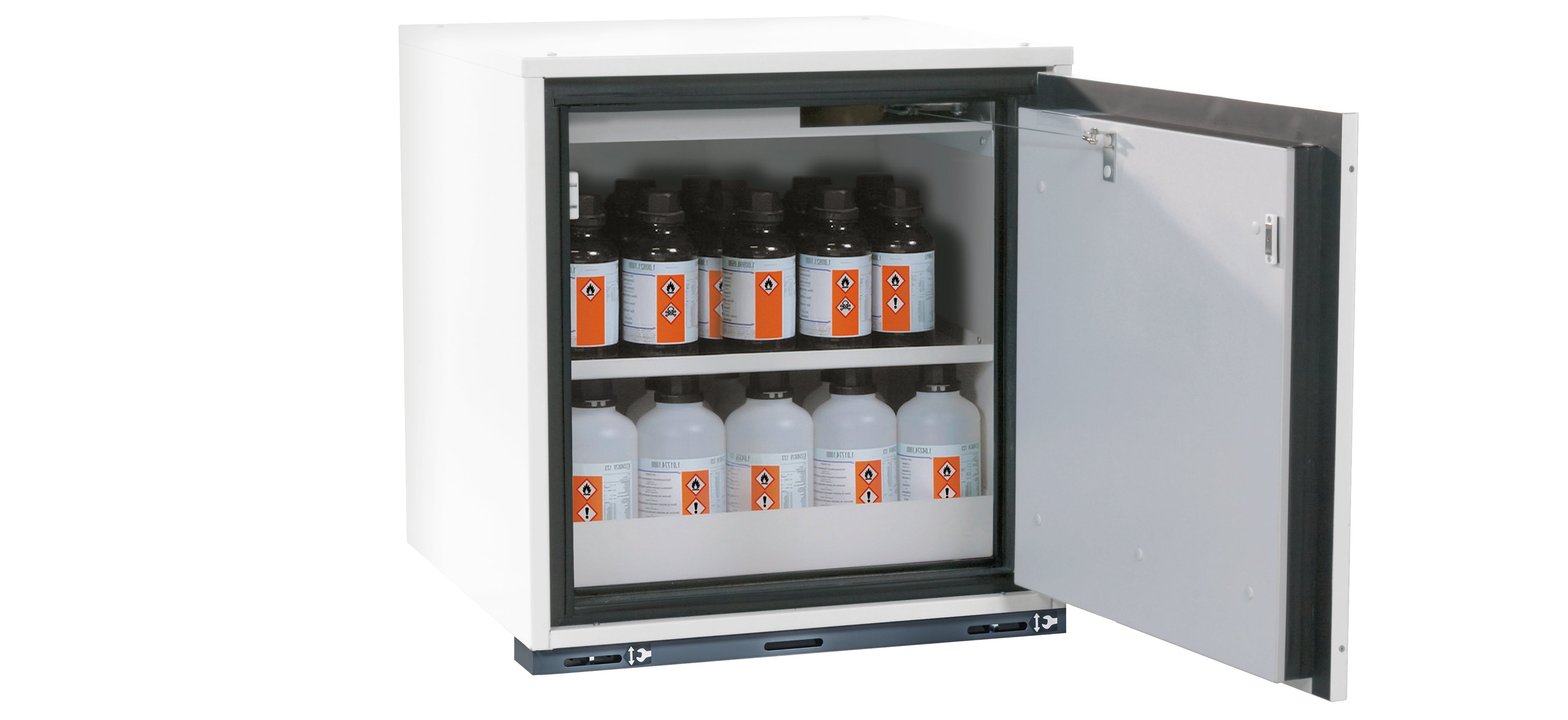 Typ 90 Sicherheitsunterbauschrank UB-T-90 Modell UB90.060.059.UL.TR in laborweiss (ähnl. RAL 9016) mit 1x Fachboden Standard (Stahlblech)