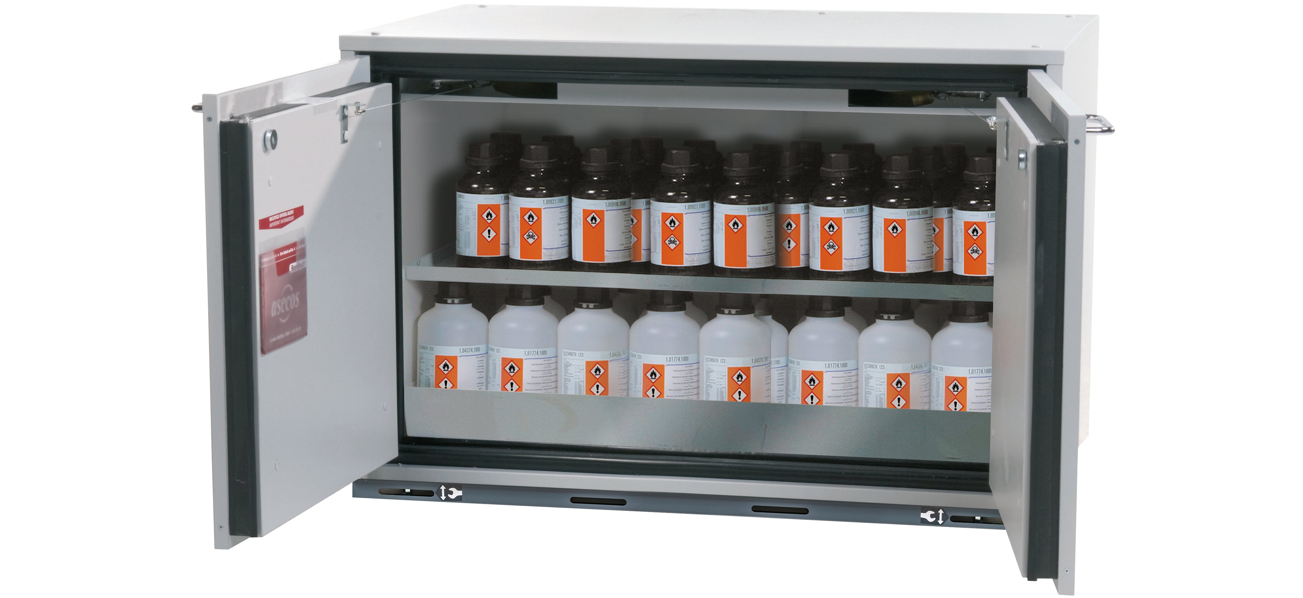 Typ 90 Sicherheitsunterbauschrank UB-T-90 Modell UB90.060.089.UL.2T in lichtgrau RAL 7035 mit 1x Fachboden Standard (Edelstahl 1.4301)